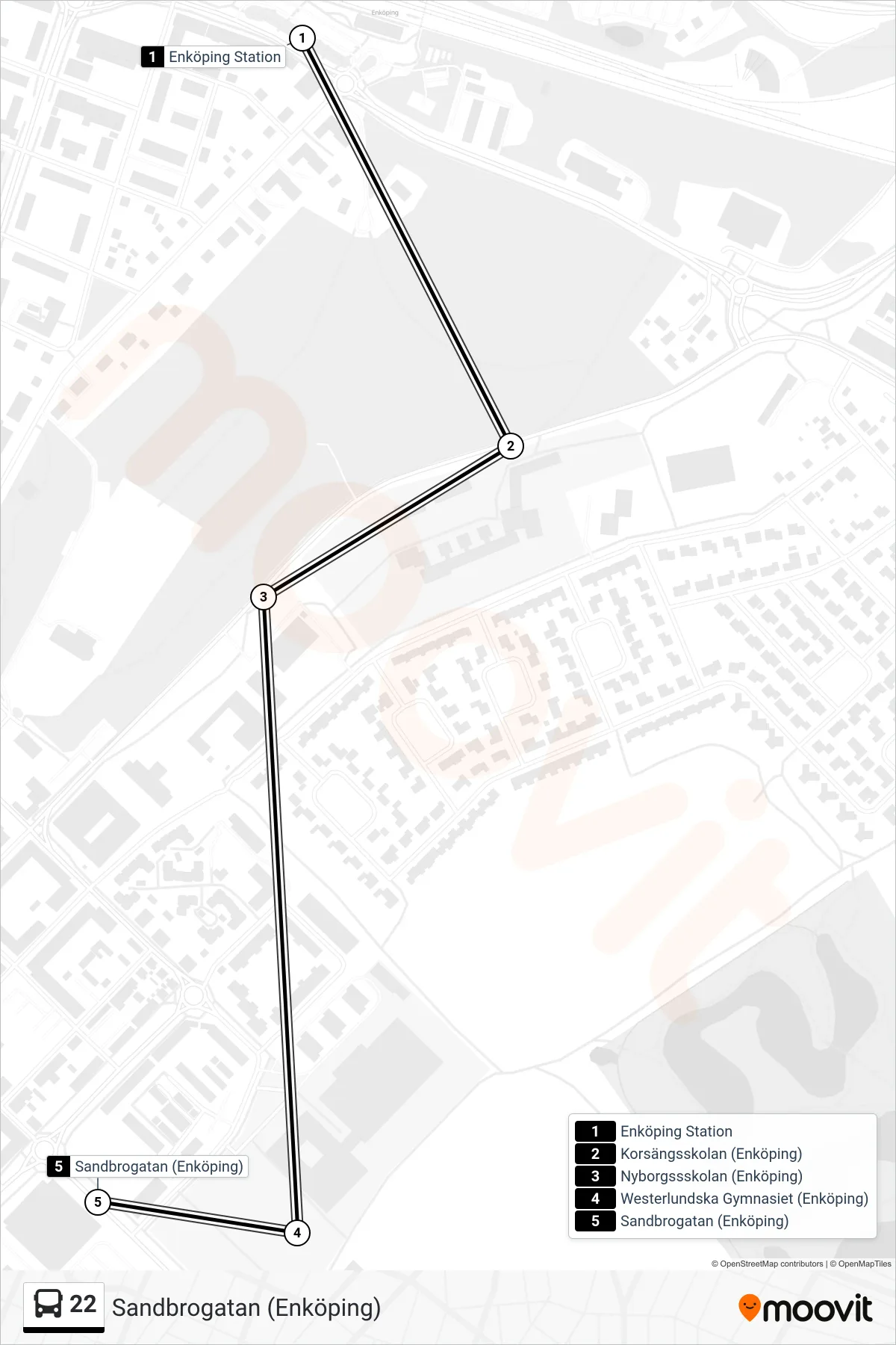 Rutt och hållplatser på karta för linje 22 spårvagn, (Sandbrogatan (Enköping))