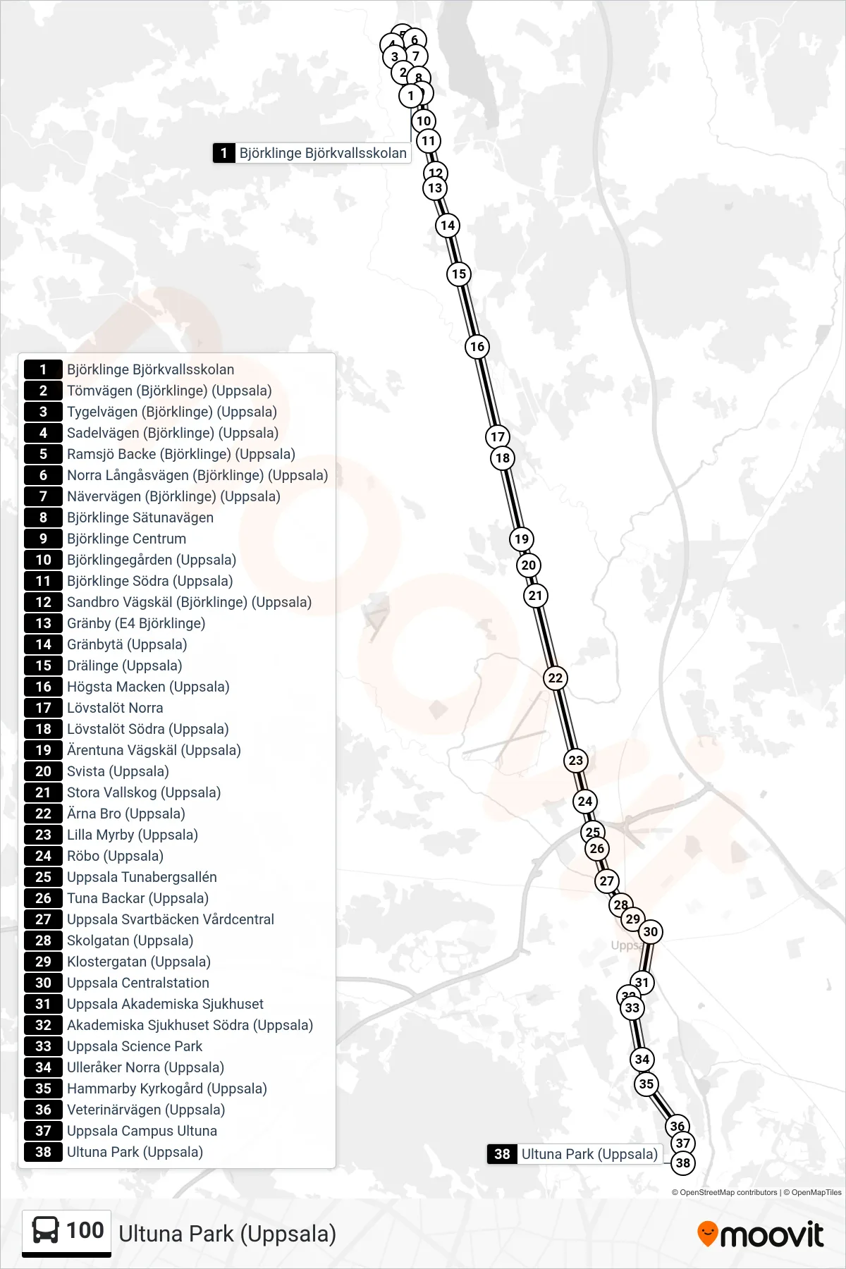 Rutt och hållplatser på karta för linje 100  spårvagn, (Ultuna Park (Uppsala))
