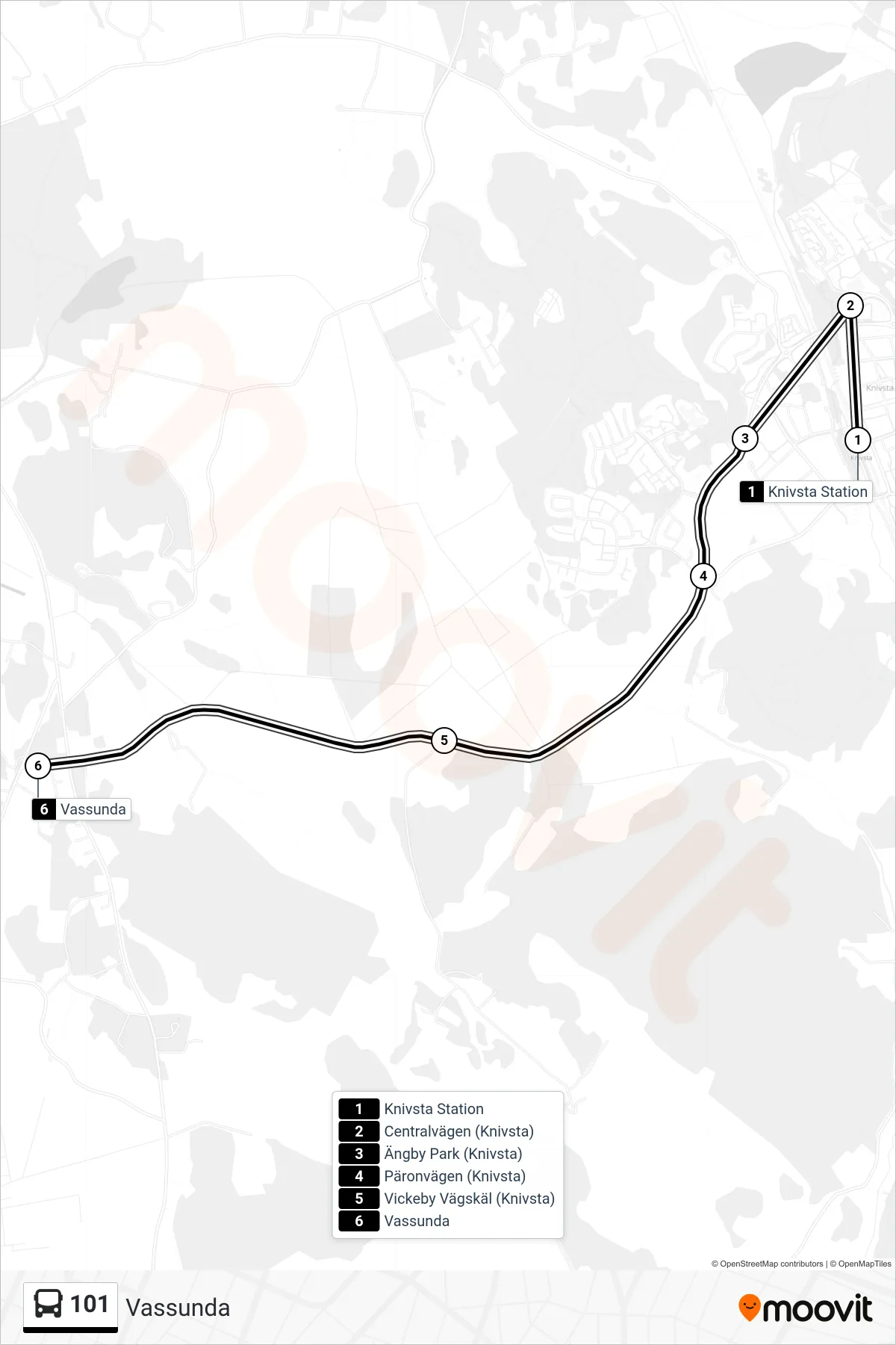 Rutt och hållplatser på karta för linje 101 spårvagn, (Vassunda)