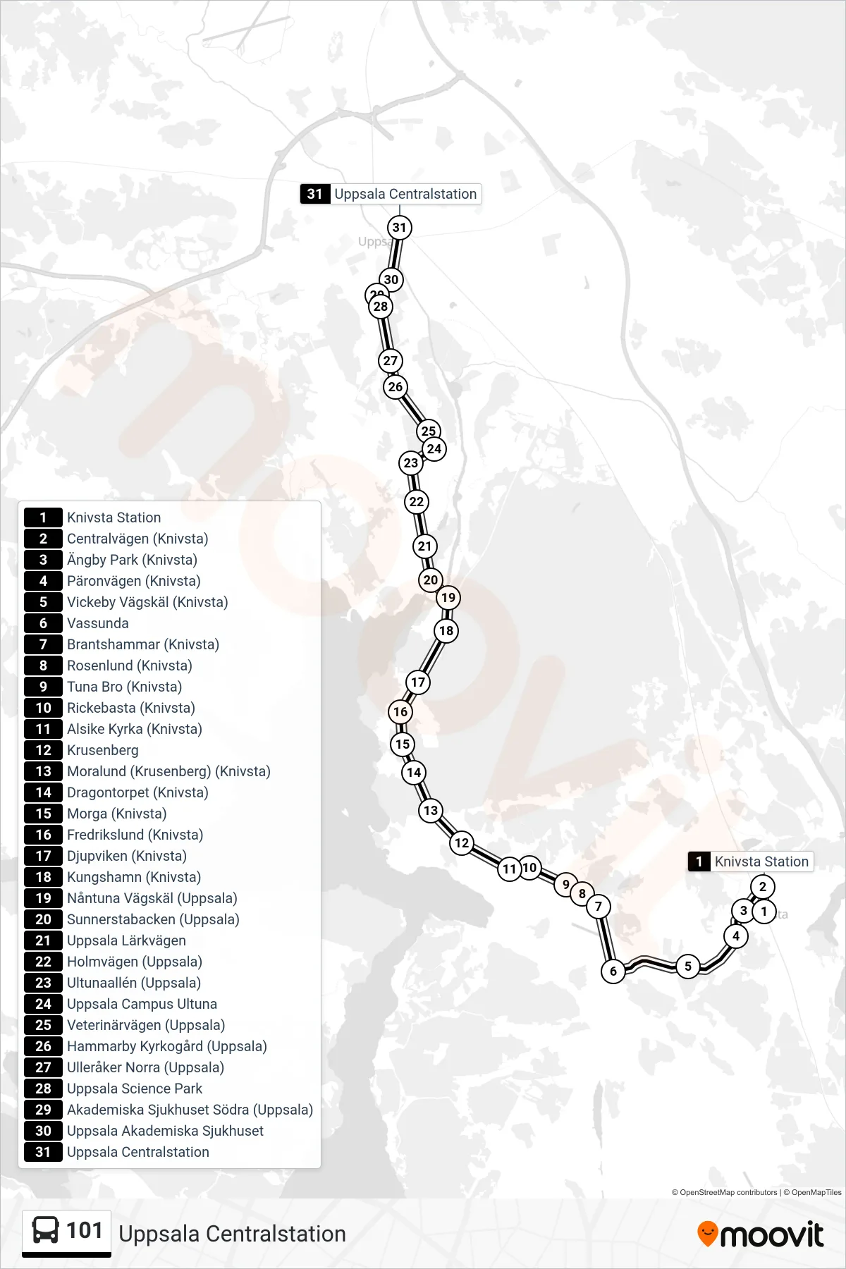 Rutt och hållplatser på karta för linje 101 spårvagn, (Uppsala Centralstation)