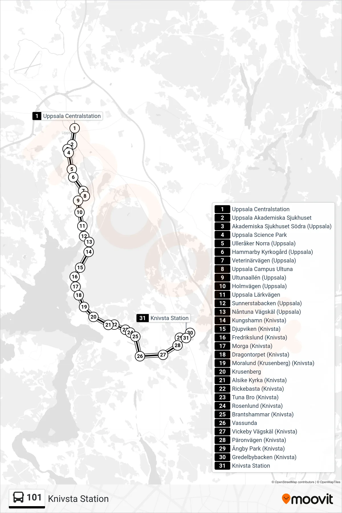 Rutt och hållplatser på karta för linje 101  spårvagn, (Knivsta Station)
