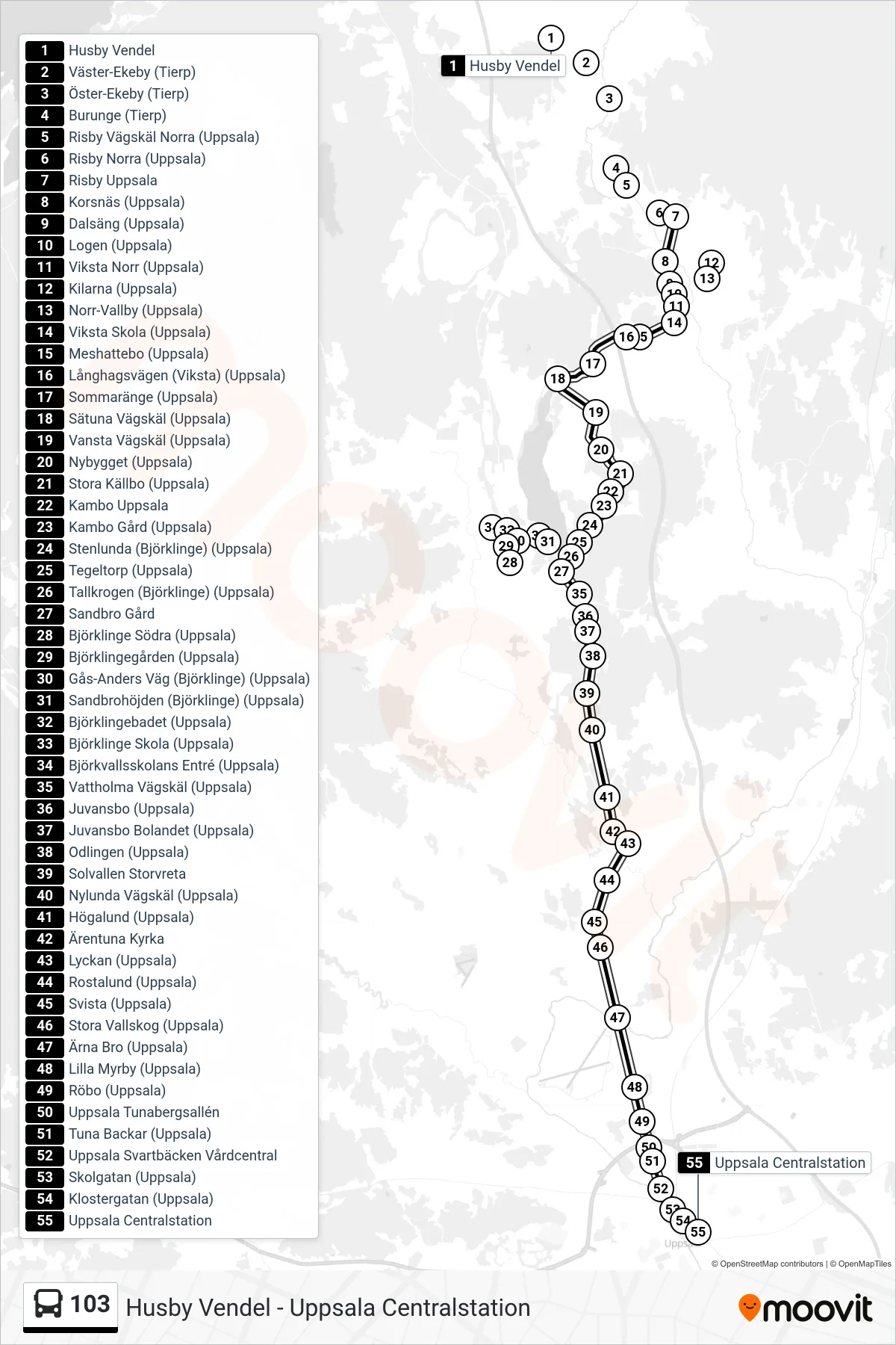 Rutt och hållplatser på karta för linje 103 spårvagn, (Uppsala Centralstation)