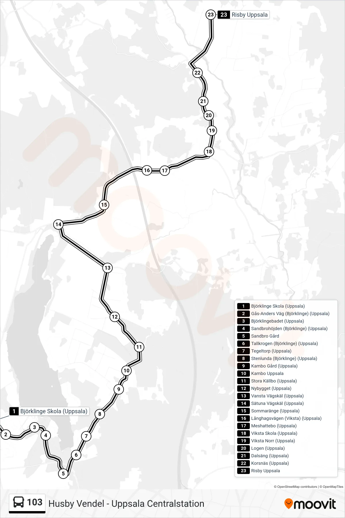 Rutt och hållplatser på karta för linje 103 spårvagn, (Risby Uppsala)