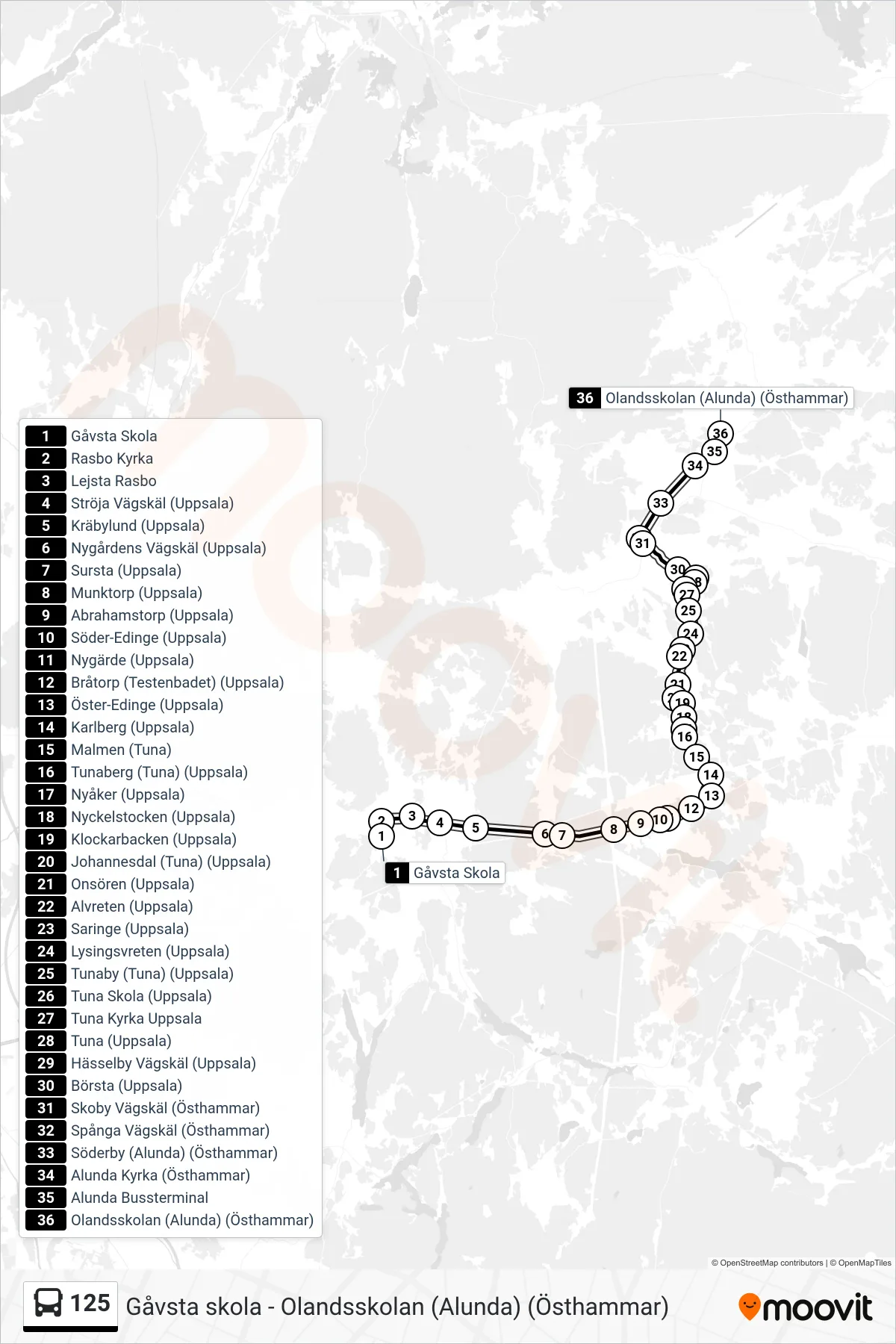 Rutt och hållplatser på karta för linje 125 spårvagn, (Olandsskolan (Alunda) (Östhammar))