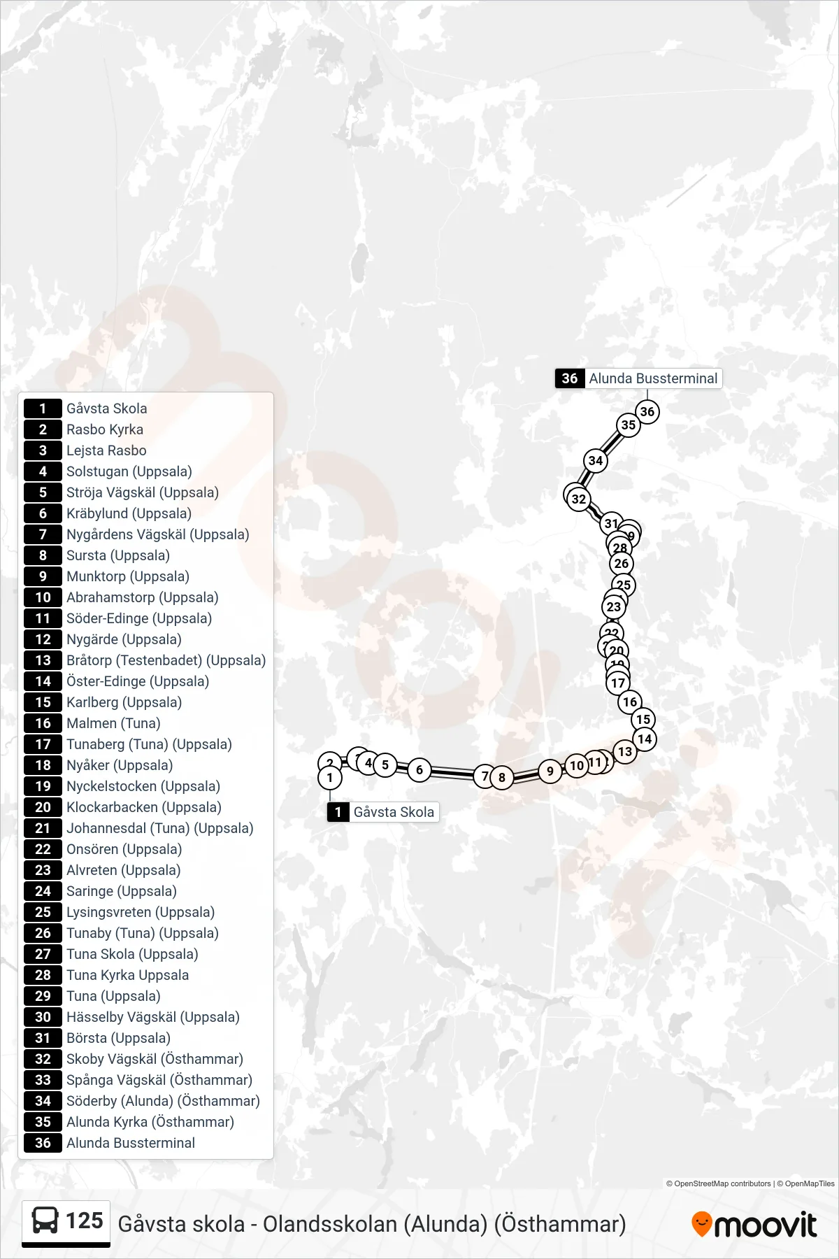 Rutt och hållplatser på karta för linje 125  spårvagn, (Alunda Bussterminal)