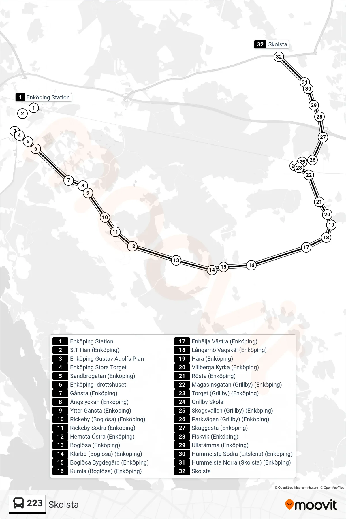 Rutt och hållplatser på karta för linje 223  spårvagn, (Skolsta)