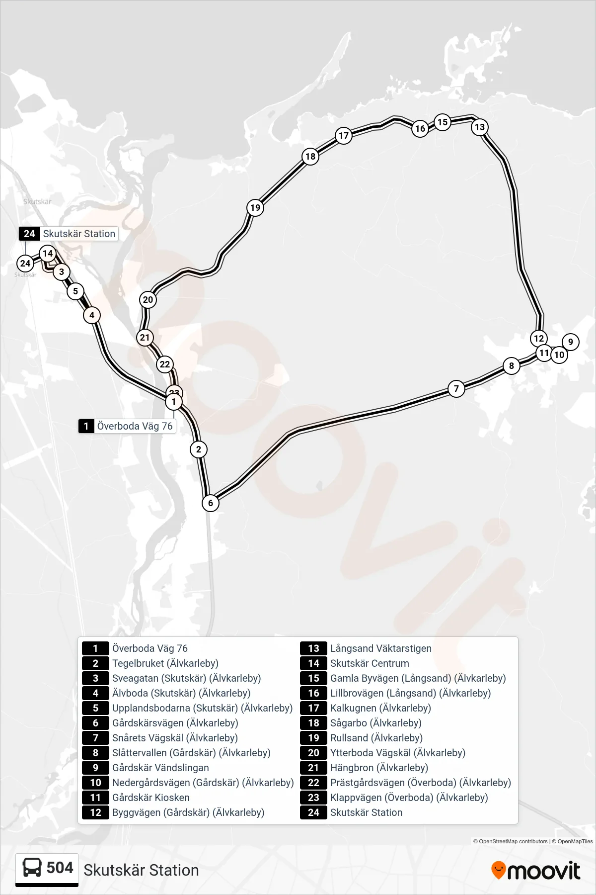 Rutt och hållplatser på karta för linje 504 spårvagn, (Skutskär Station)