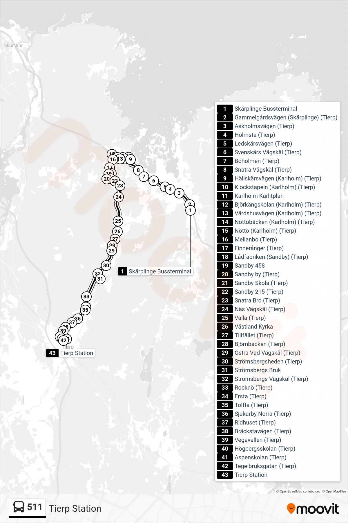 Rutt och hållplatser på karta för linje 511  spårvagn, (Tierp Station)