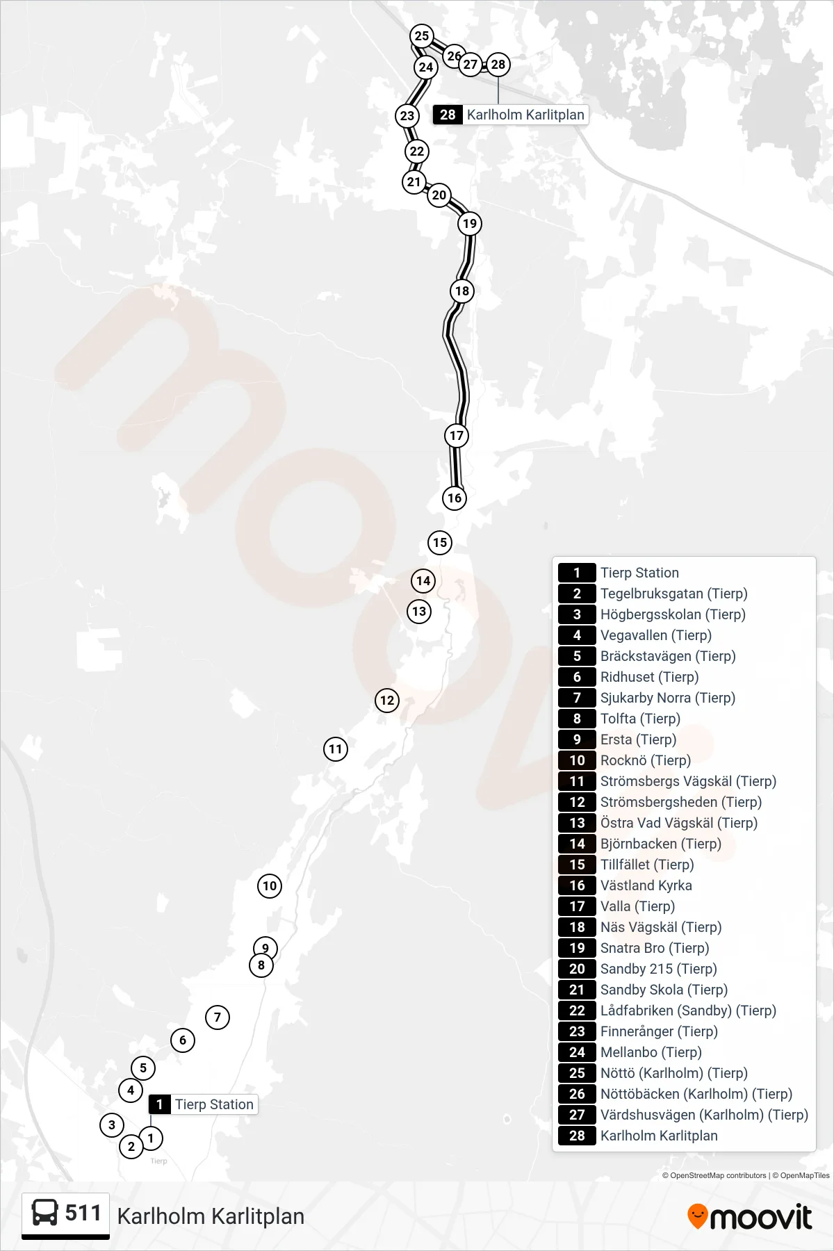 Rutt och hållplatser på karta för linje 511  spårvagn, (Karlholm Karlitplan)