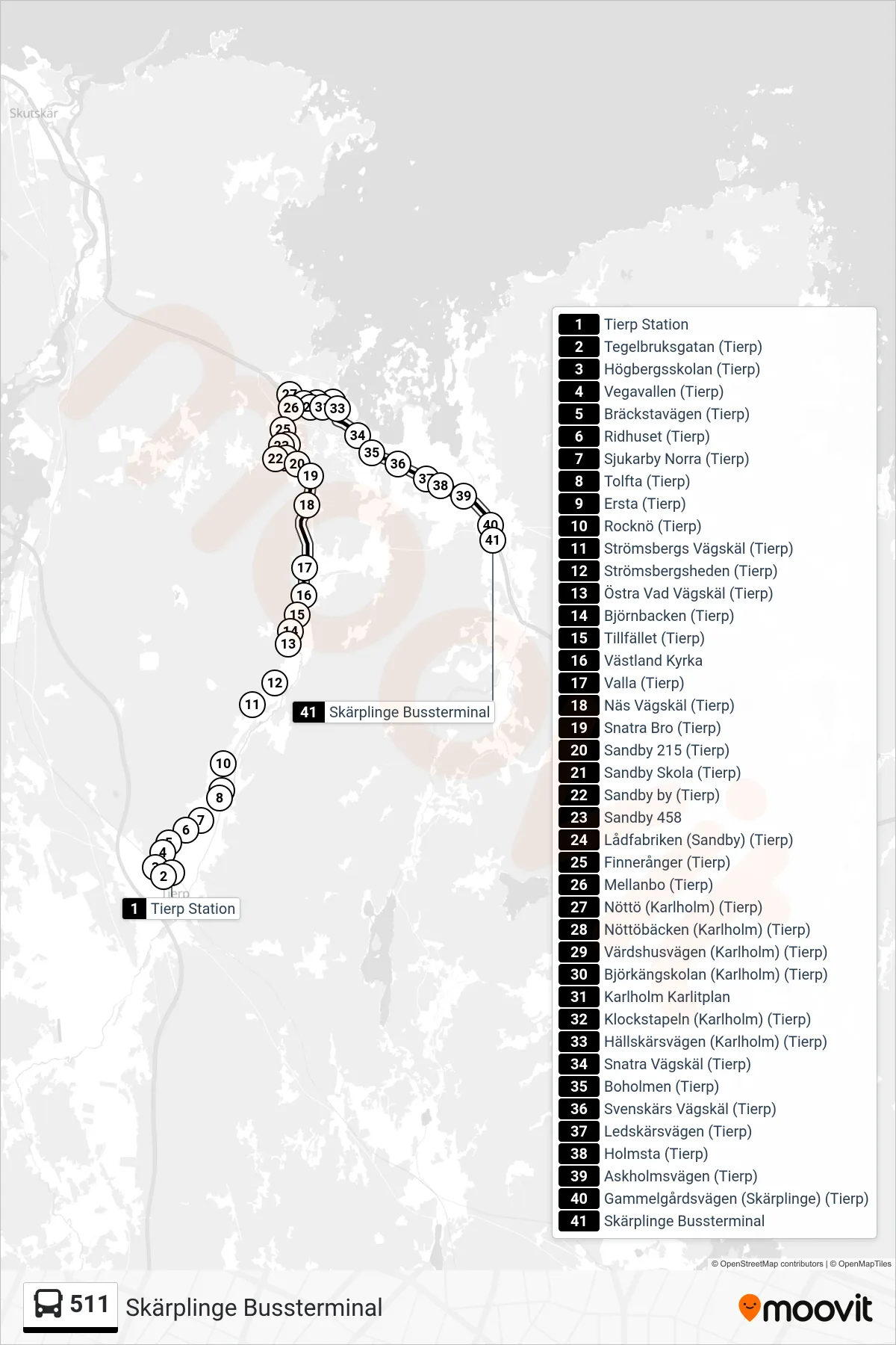 Rutt och hållplatser på karta för linje 511  spårvagn, (Skärplinge Bussterminal)