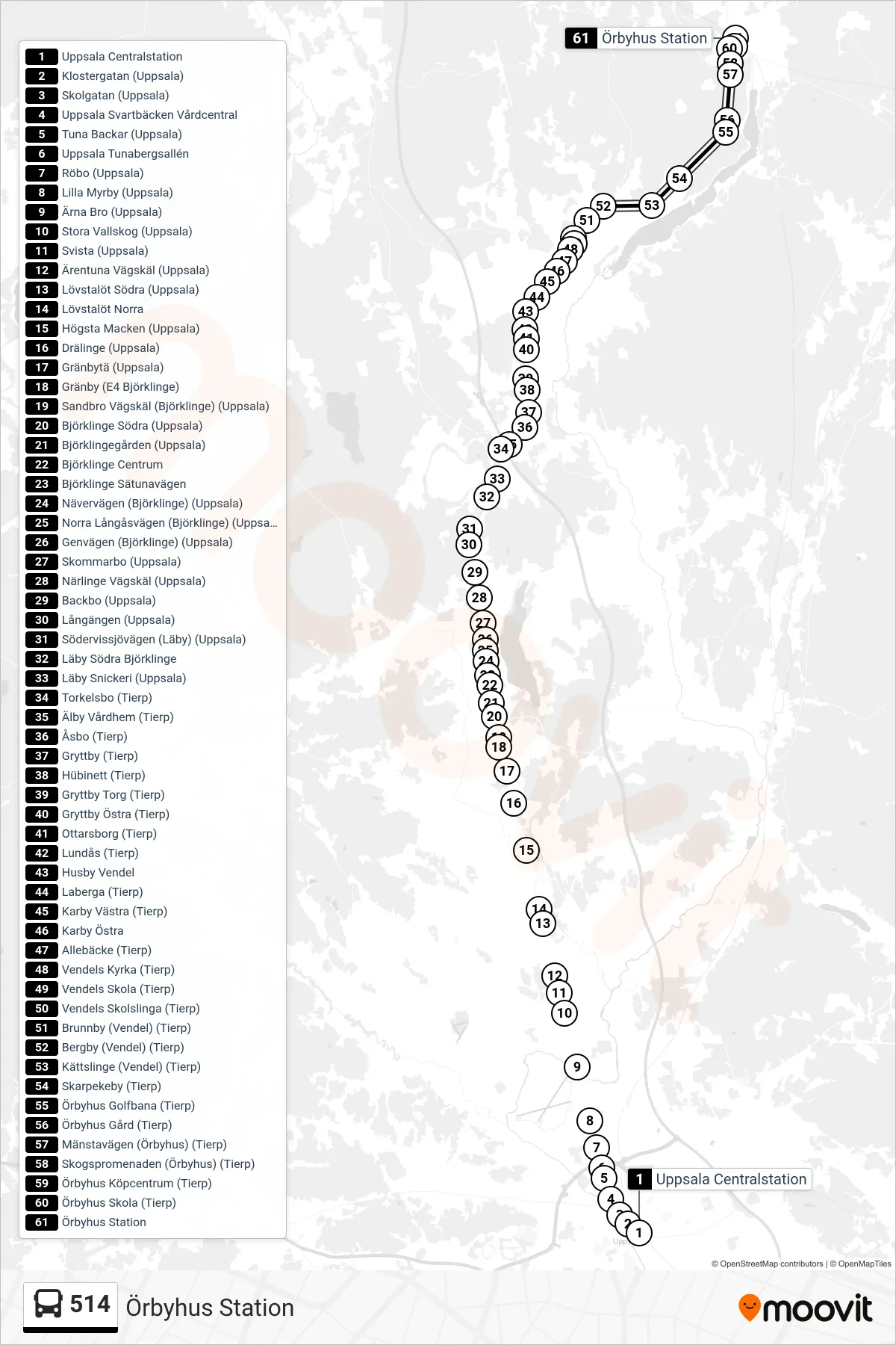 Rutt och hållplatser på karta för linje 514  spårvagn, (Örbyhus Station)