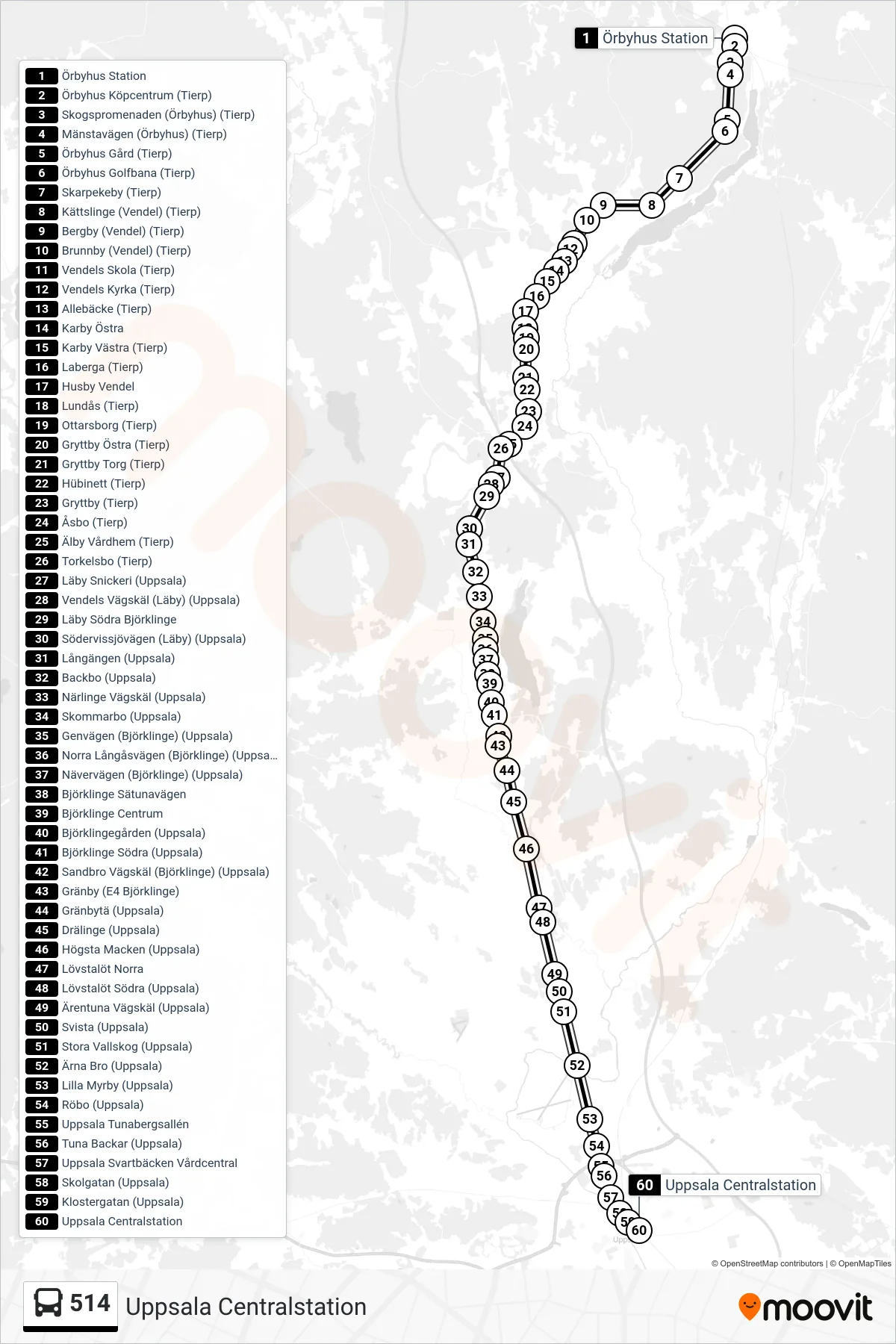 Rutt och hållplatser på karta för linje 514 spårvagn, (Uppsala Centralstation)