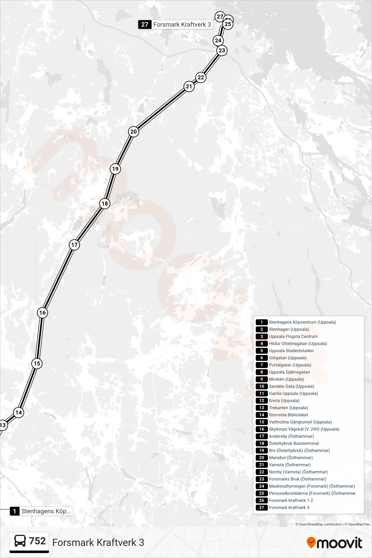 Rutt och hållplatser på karta för linje 752  spårvagn, (Forsmark Kraftverk 3)