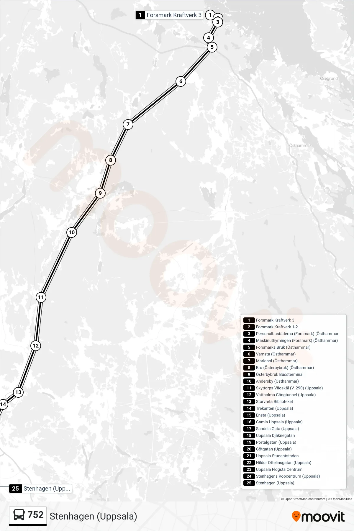 Rutt och hållplatser på karta för linje 752 spårvagn, (Stenhagen (Uppsala))