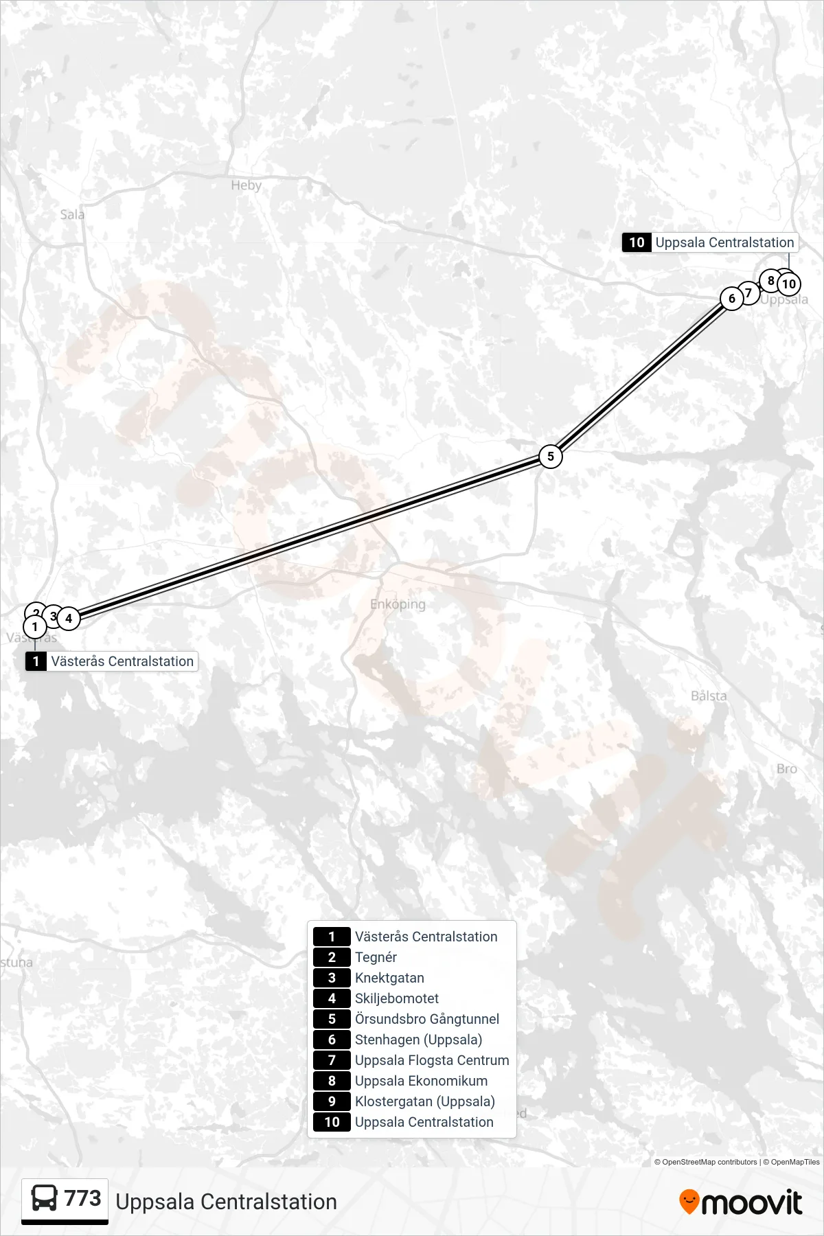Rutt och hållplatser på karta för linje 773  spårvagn, (Uppsala Centralstation)