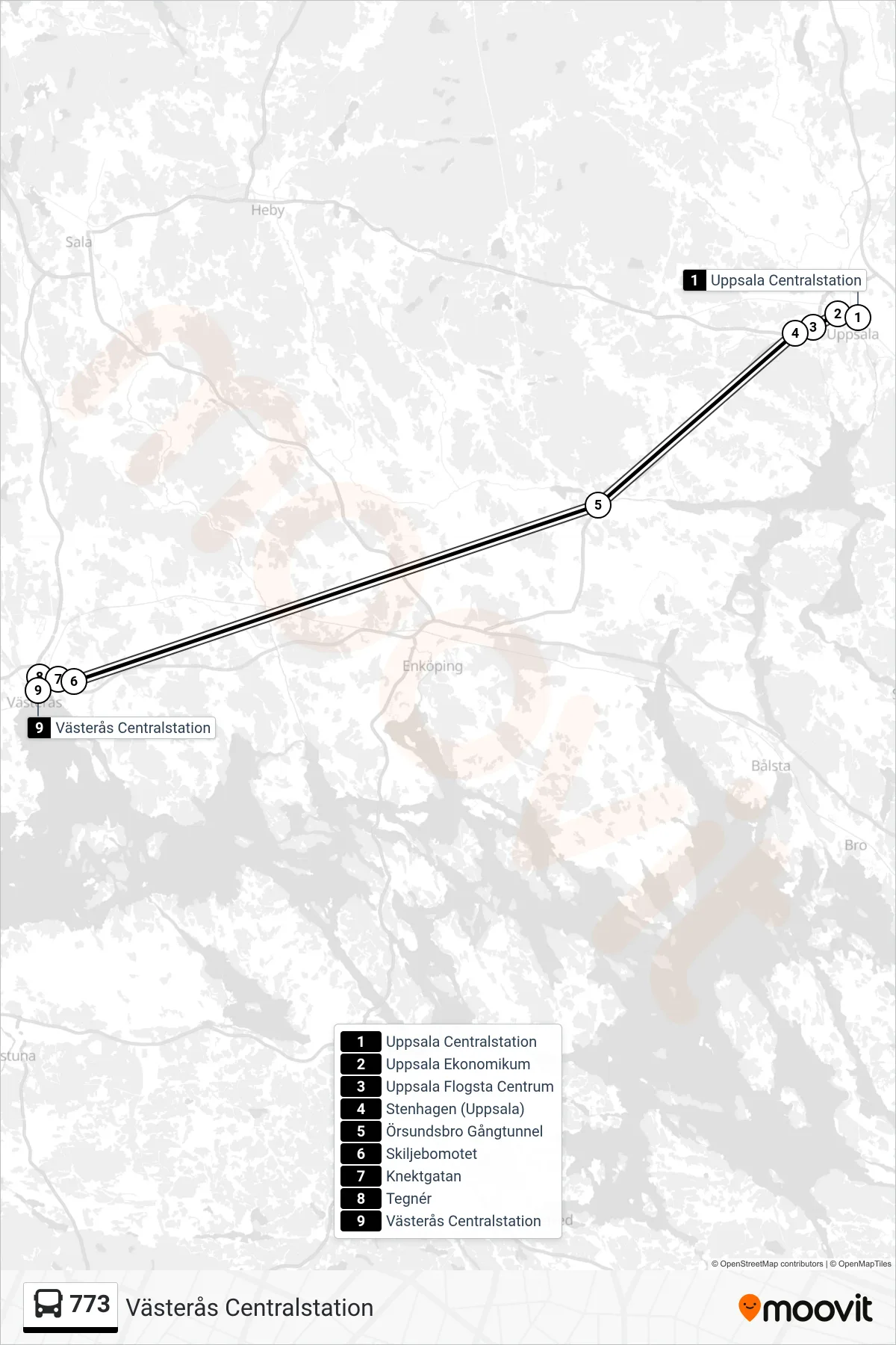 Rutt och hållplatser på karta för linje 773 spårvagn, (Västerås Centralstation)