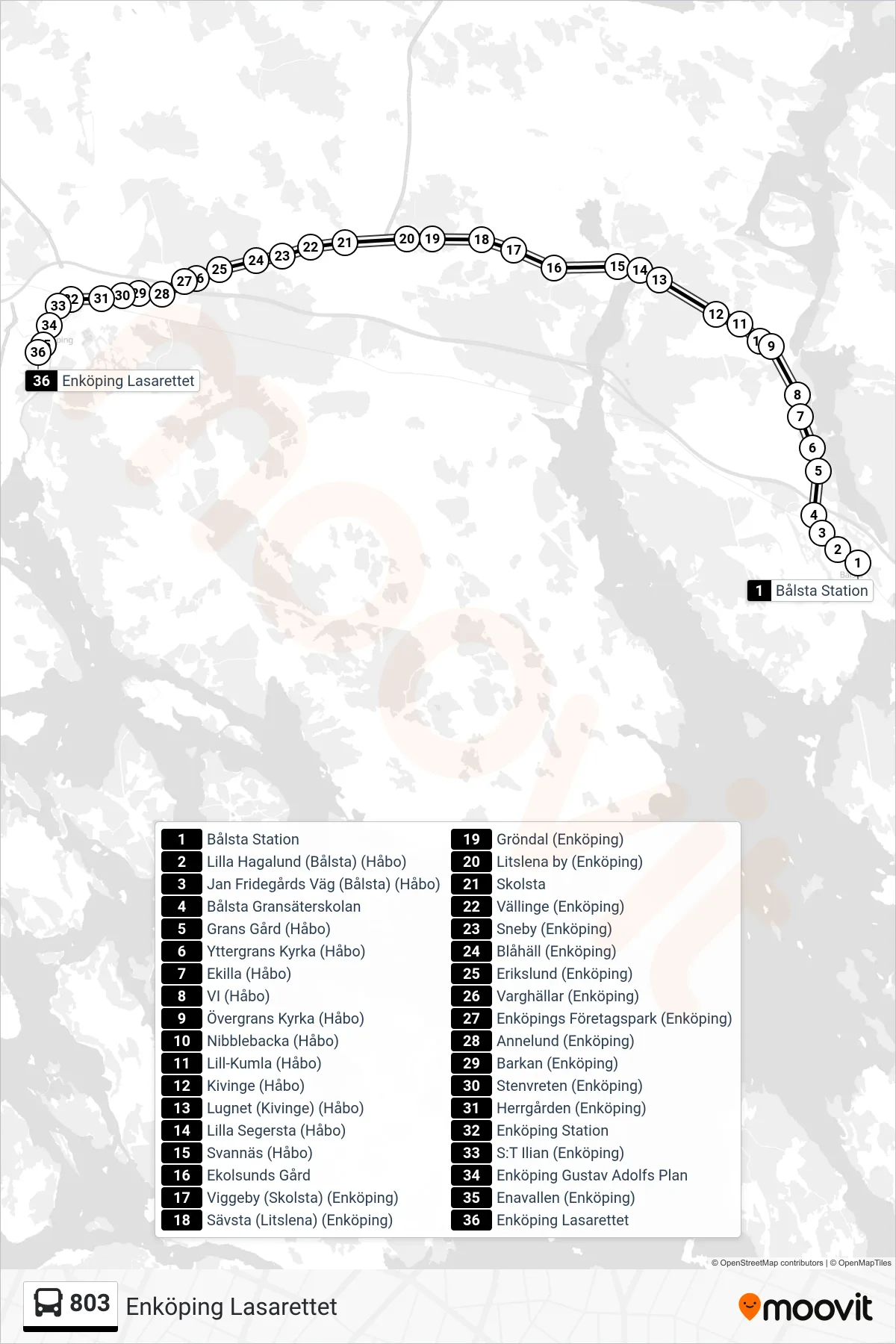Rutt och hållplatser på karta för linje 803  spårvagn, (Enköping Lasarettet)