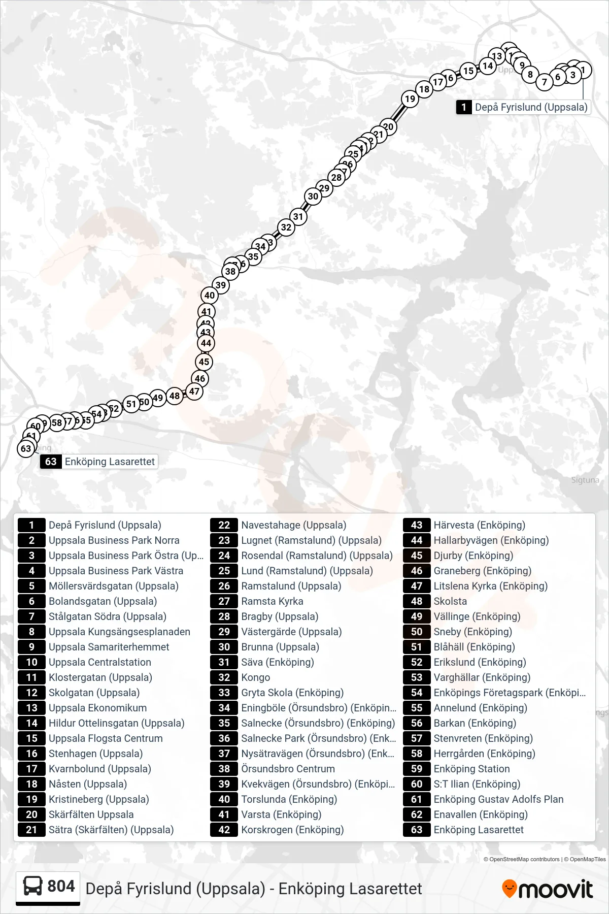 Rutt och hållplatser på karta för linje 804  spårvagn, (Enköping Lasarettet)