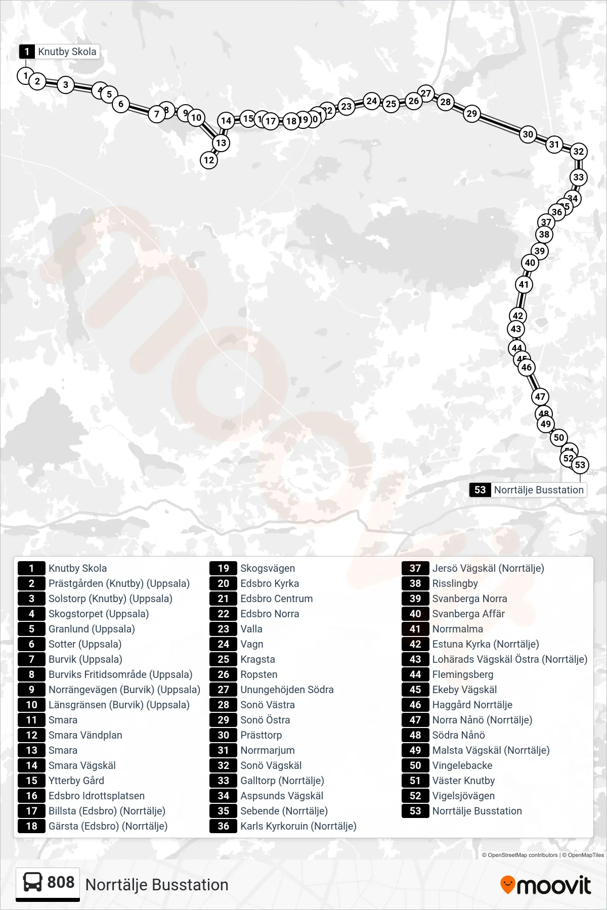 Rutt och hållplatser på karta för linje 808  spårvagn, (Norrtälje Busstation)