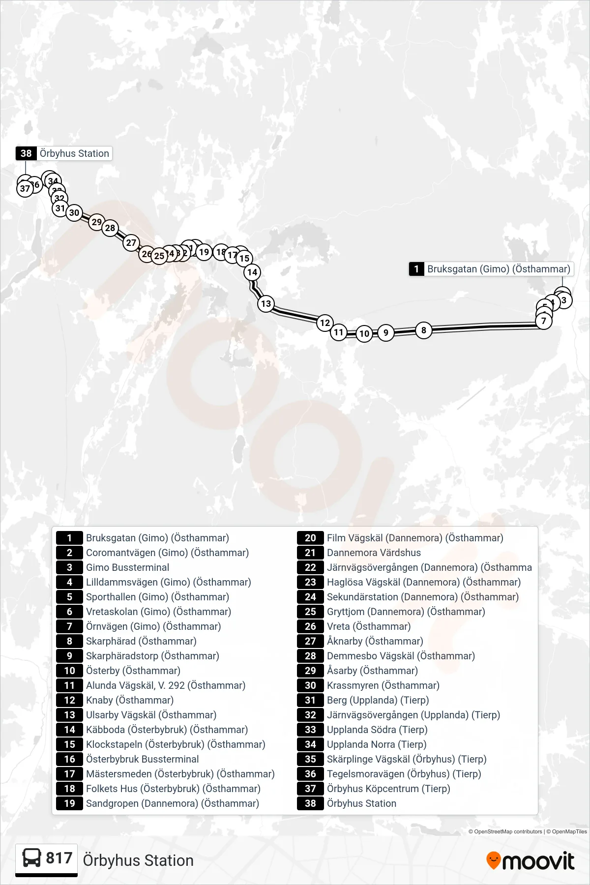 Rutt och hållplatser på karta för linje 817 spårvagn, (Örbyhus Station)