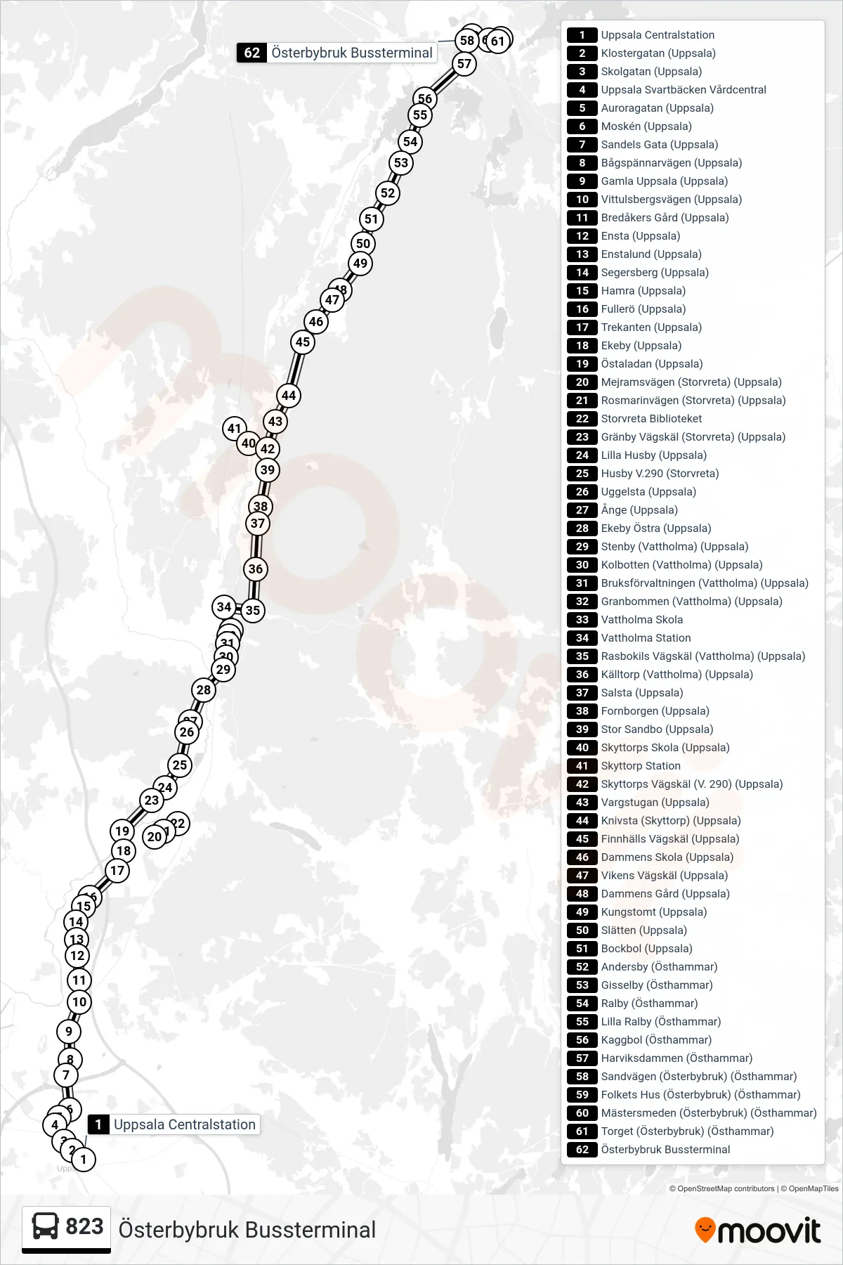 Rutt och hållplatser på karta för linje 823 spårvagn, (Österbybruk Bussterminal)