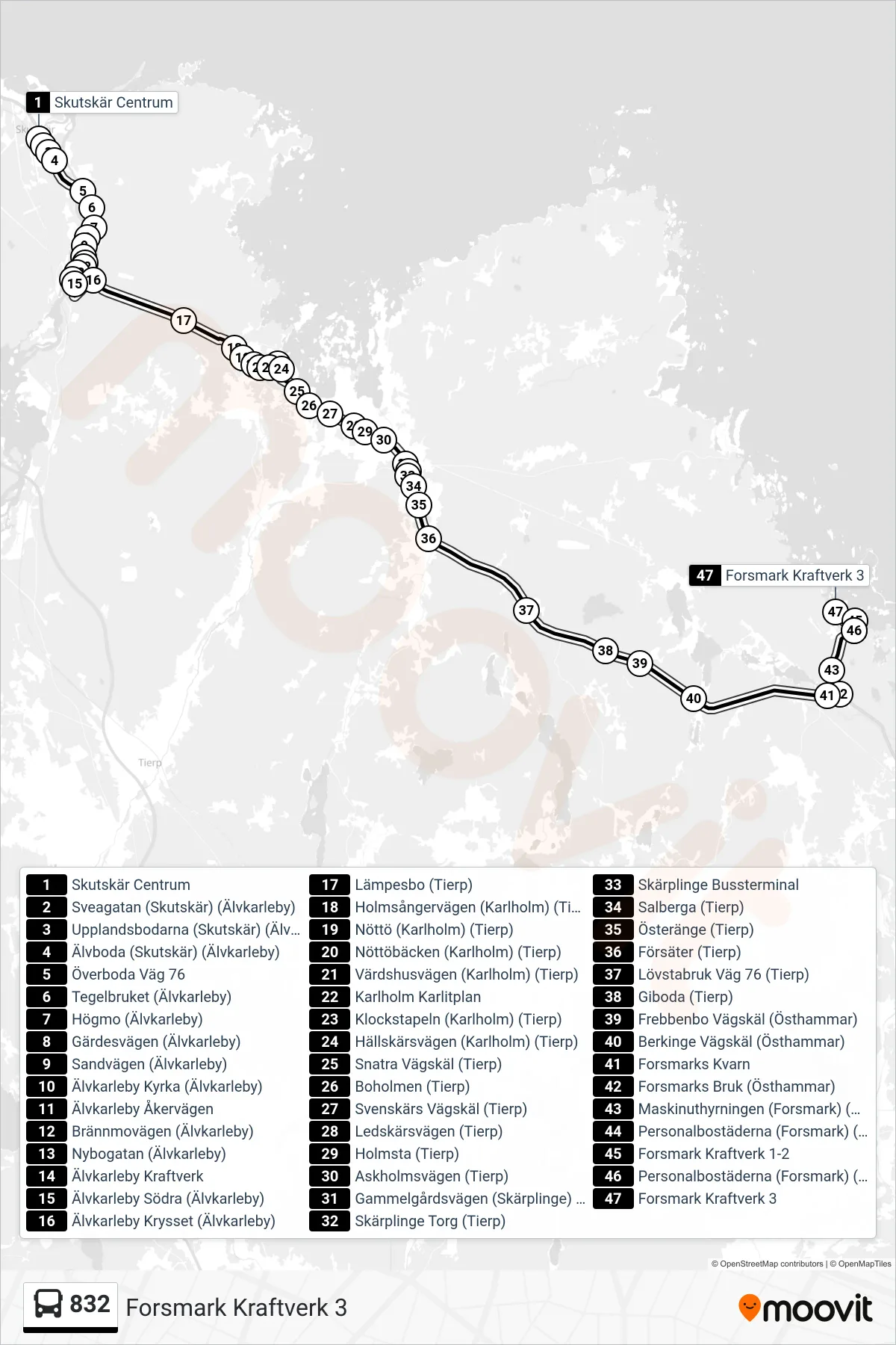Rutt och hållplatser på karta för linje 832 spårvagn, (Forsmark Kraftverk 3)
