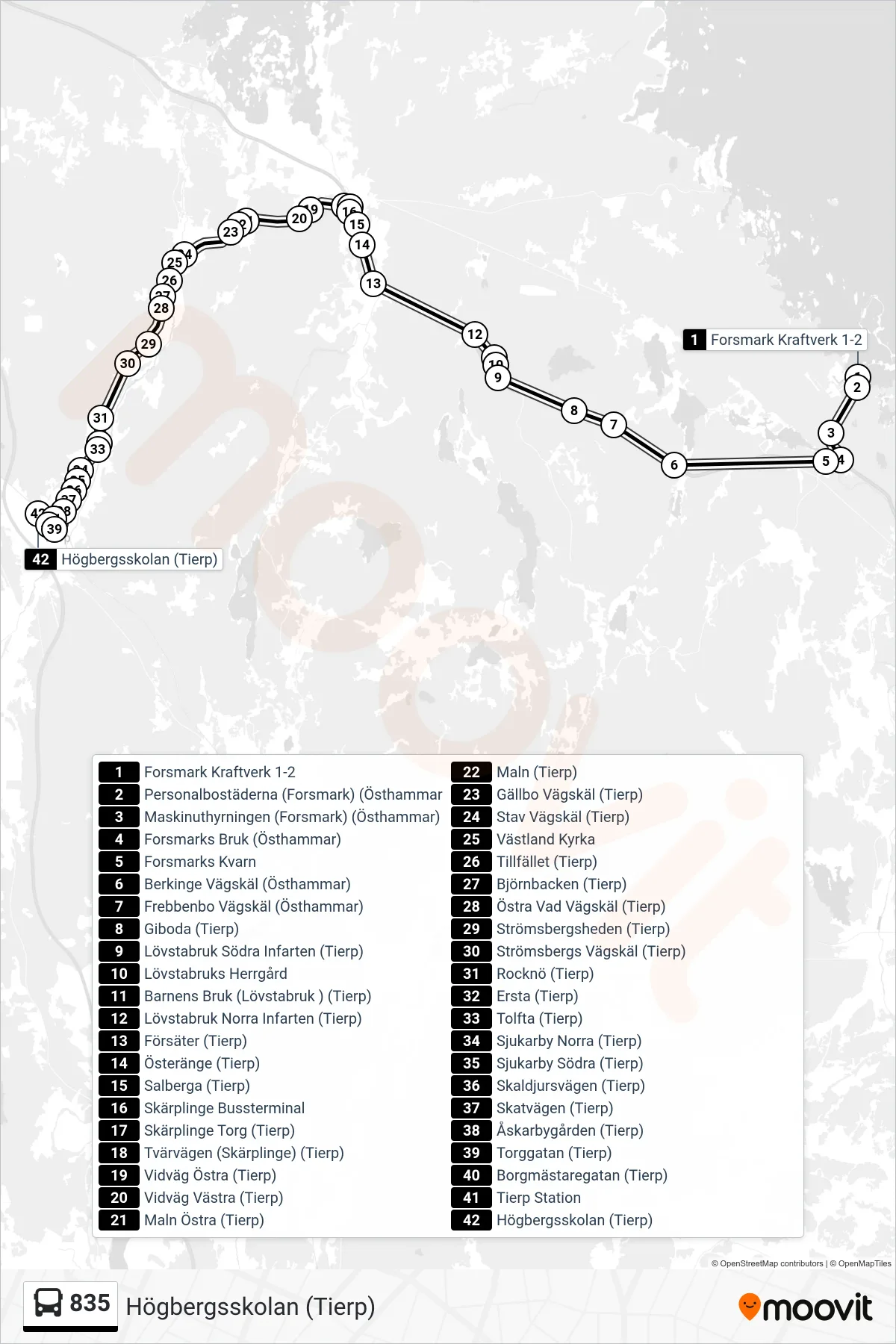 Rutt och hållplatser på karta för linje 835  spårvagn, (Högbergsskolan (Tierp))