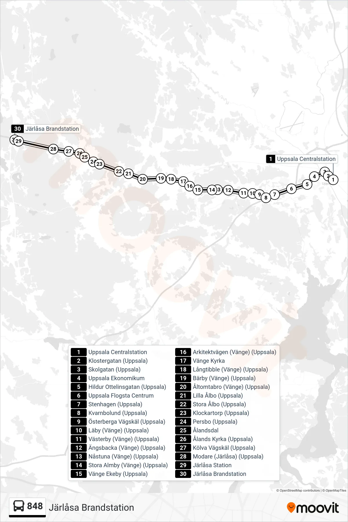 Rutt och hållplatser på karta för linje 848 spårvagn, (Järlåsa Brandstation)