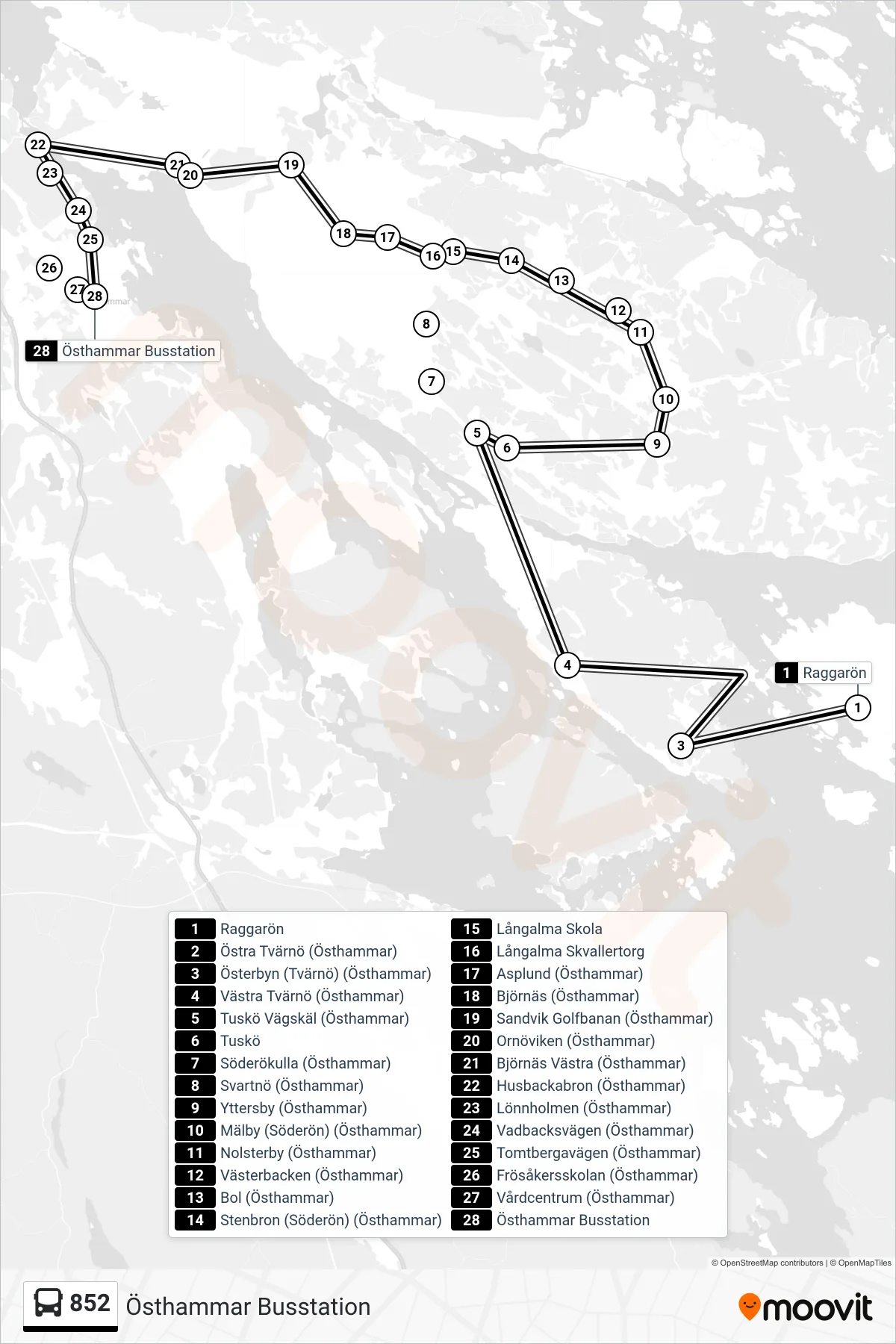 Rutt och hållplatser på karta för linje 852  spårvagn, (Östhammar Busstation)