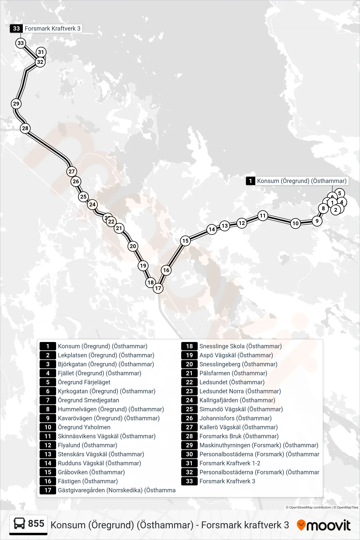 Rutt och hållplatser på karta för linje 855  spårvagn, (Forsmark Kraftverk 3)