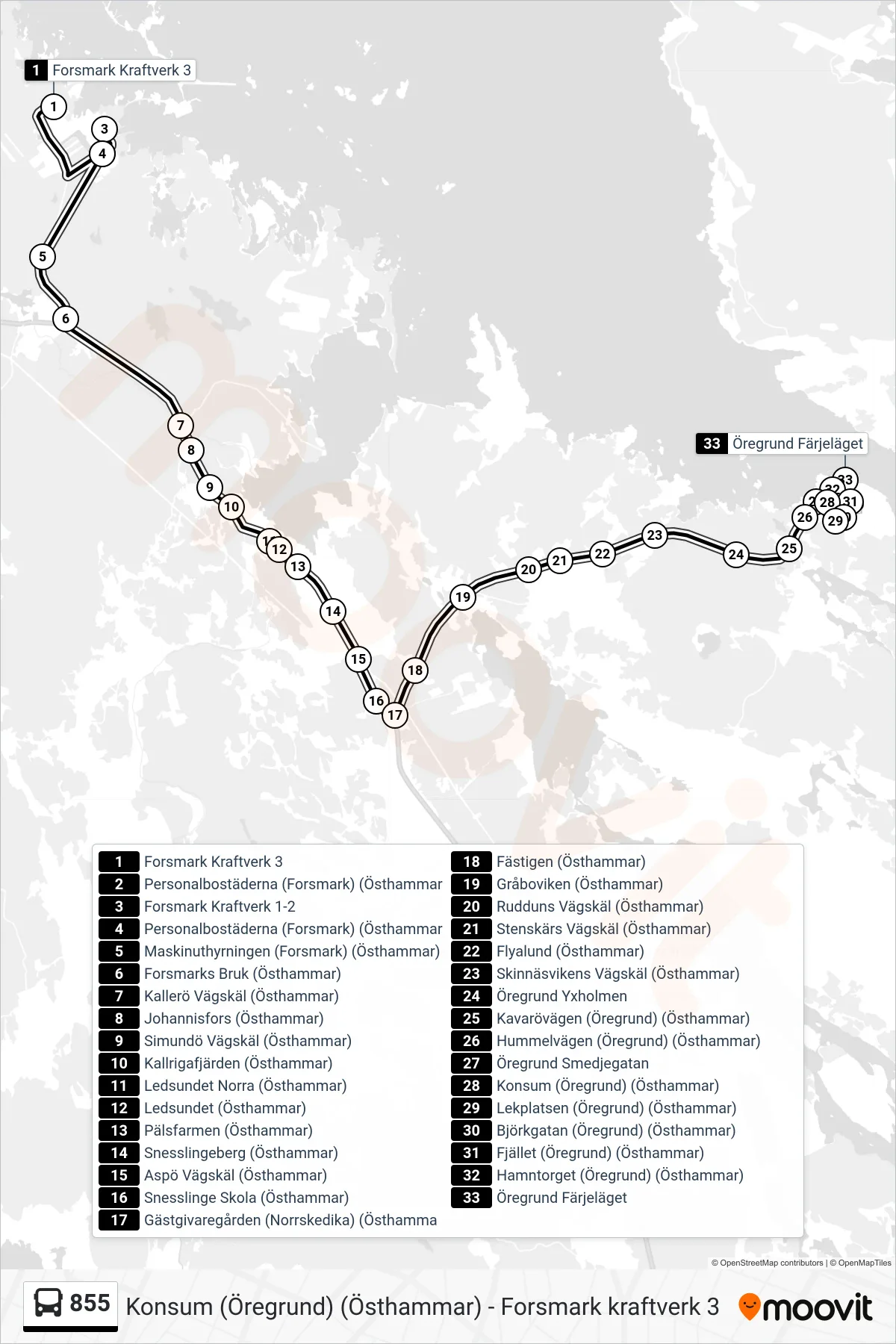 Rutt och hållplatser på karta för linje 855  spårvagn, (Öregrund Färjeläget)