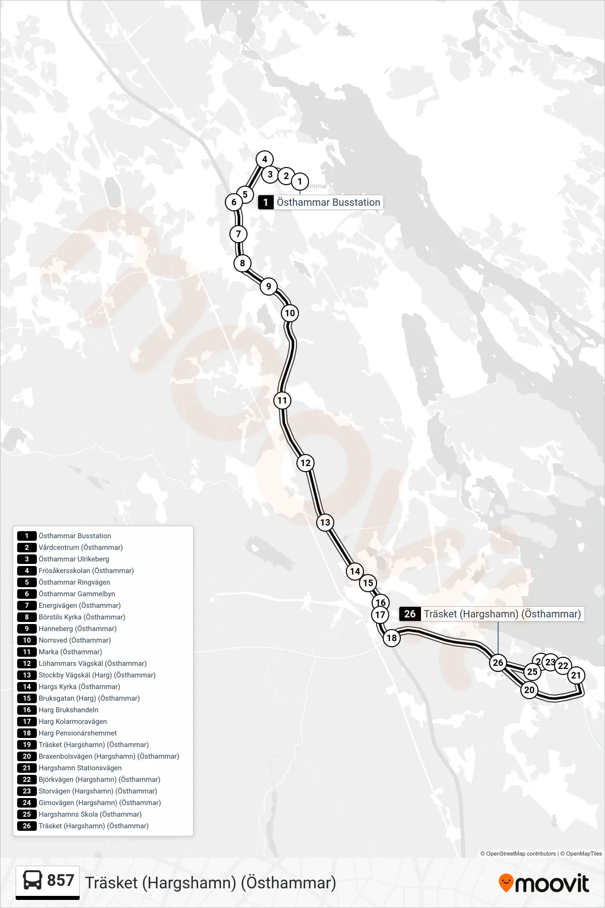 Rutt och hållplatser på karta för linje 857 spårvagn, (Träsket (Hargshamn) (Östhammar))