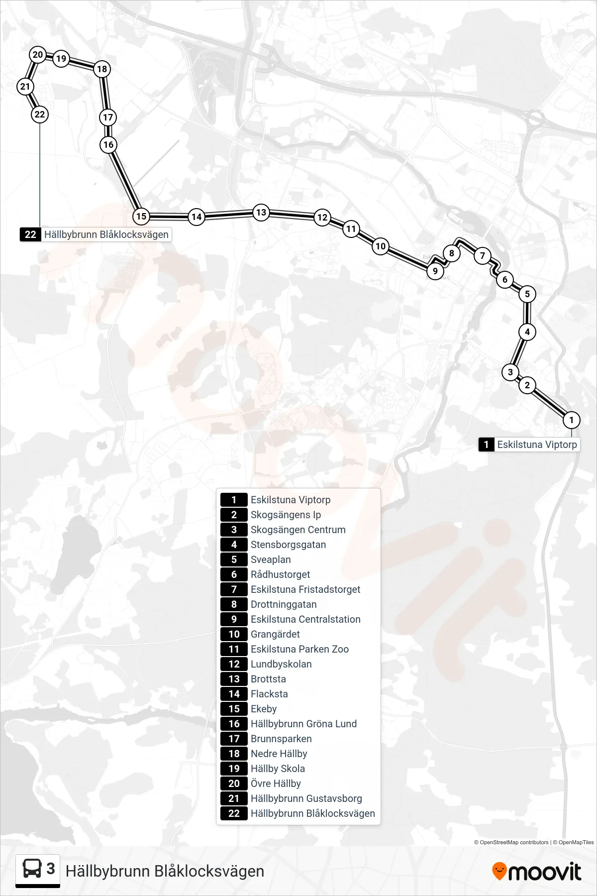 Rutt och hållplatser på karta för linje 3 spårvagn, (Hällbybrunn Blåklocksvägen)