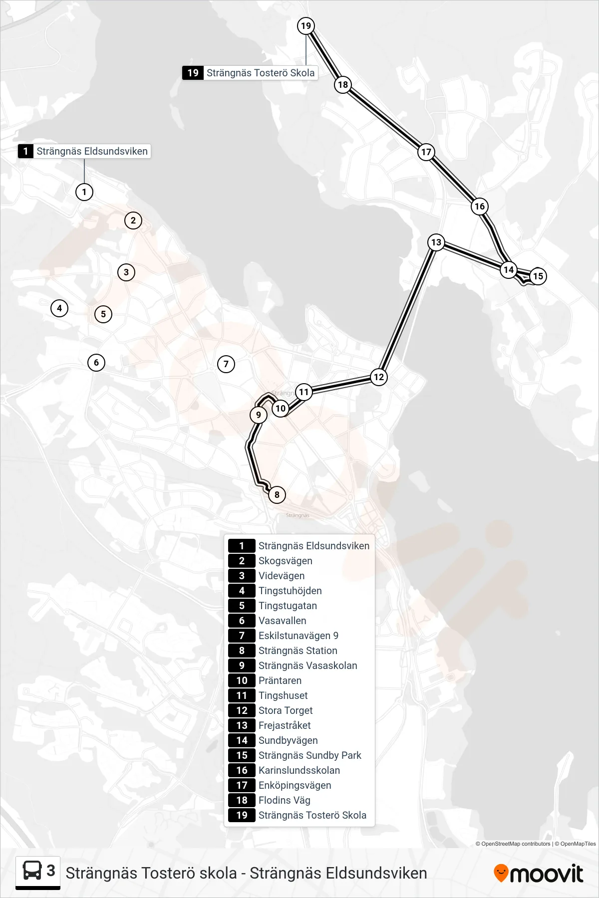 Rutt och hållplatser på karta för linje 3 spårvagn, (Strängnäs Tosterö Skola)