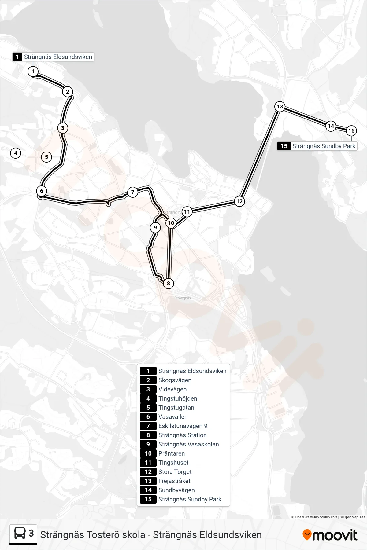 Rutt och hållplatser på karta för linje 3  spårvagn, (Strängnäs Sundby Park)