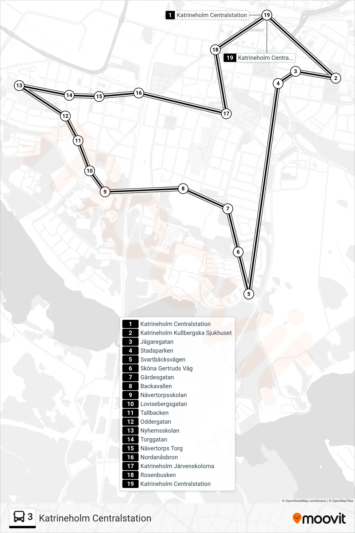 Rutt och hållplatser på karta för linje 3 spårvagn, (Katrineholm Centralstation)