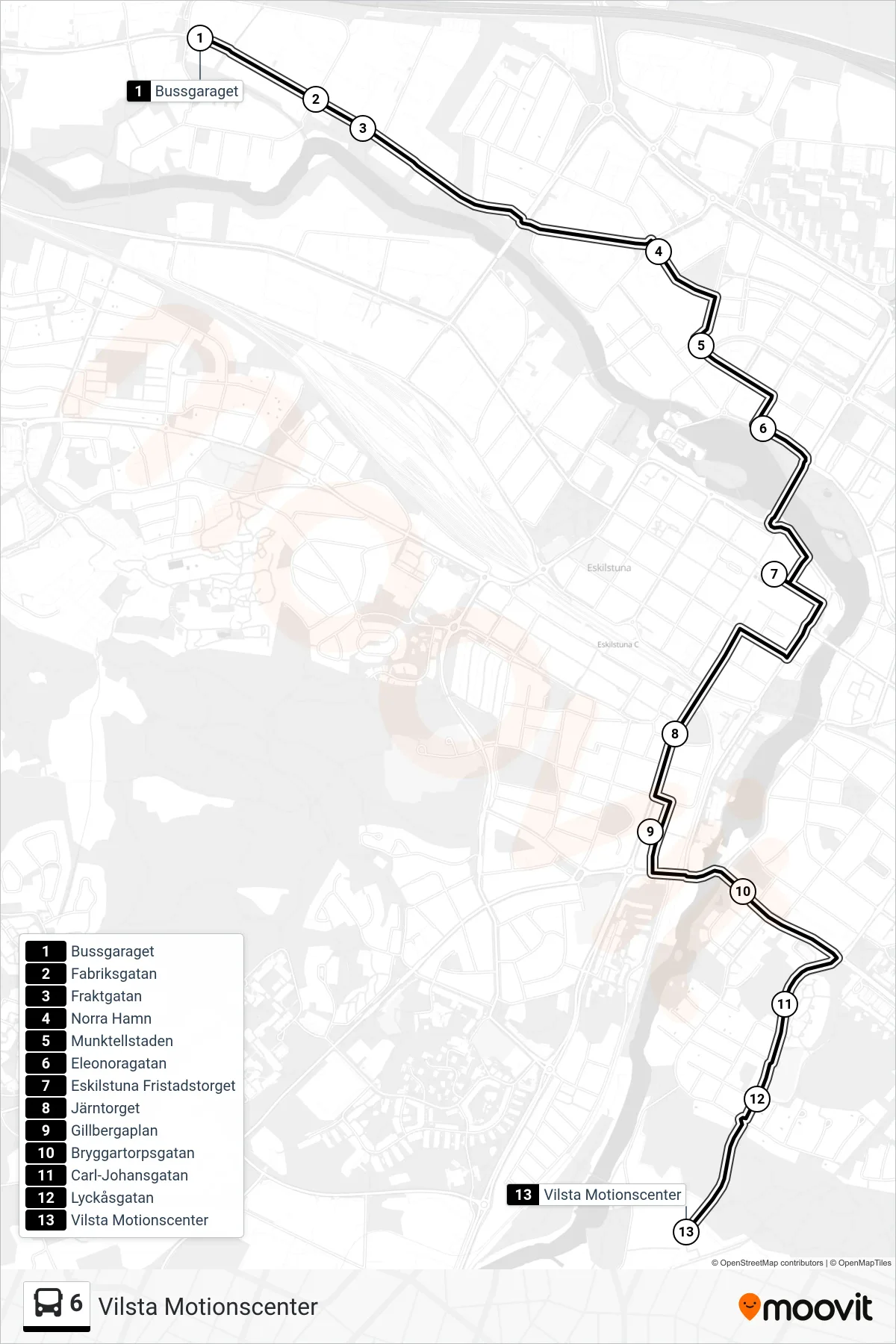 Rutt och hållplatser på karta för linje 6 spårvagn, (Vilsta Motionscenter)