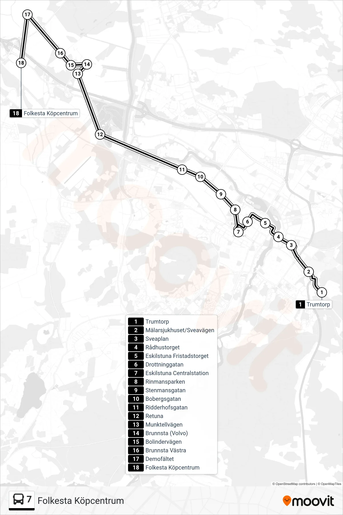 Rutt och hållplatser på karta för linje 7 spårvagn, (Folkesta Köpcentrum)