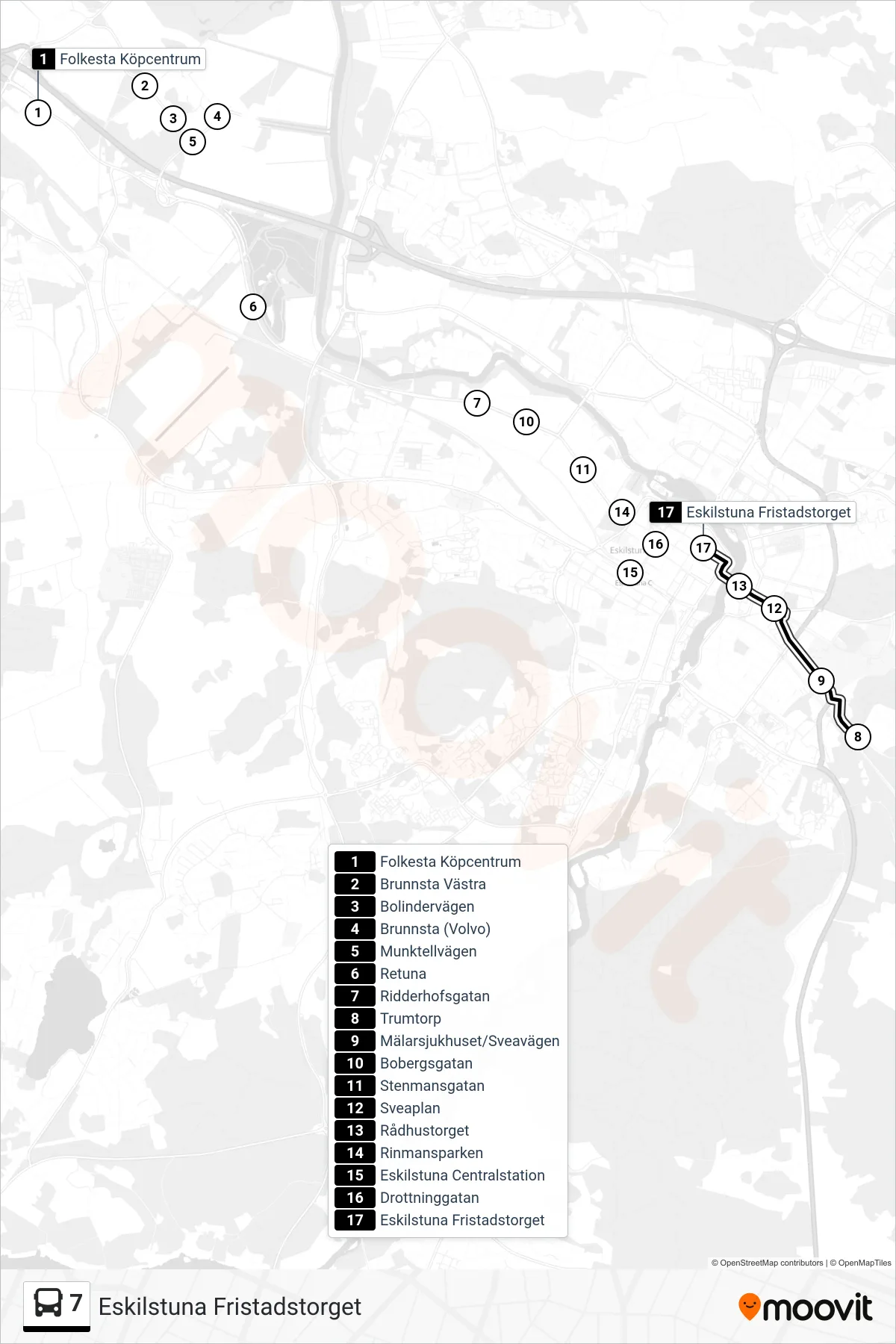 Rutt och hållplatser på karta för linje 7  spårvagn, (Eskilstuna Fristadstorget)