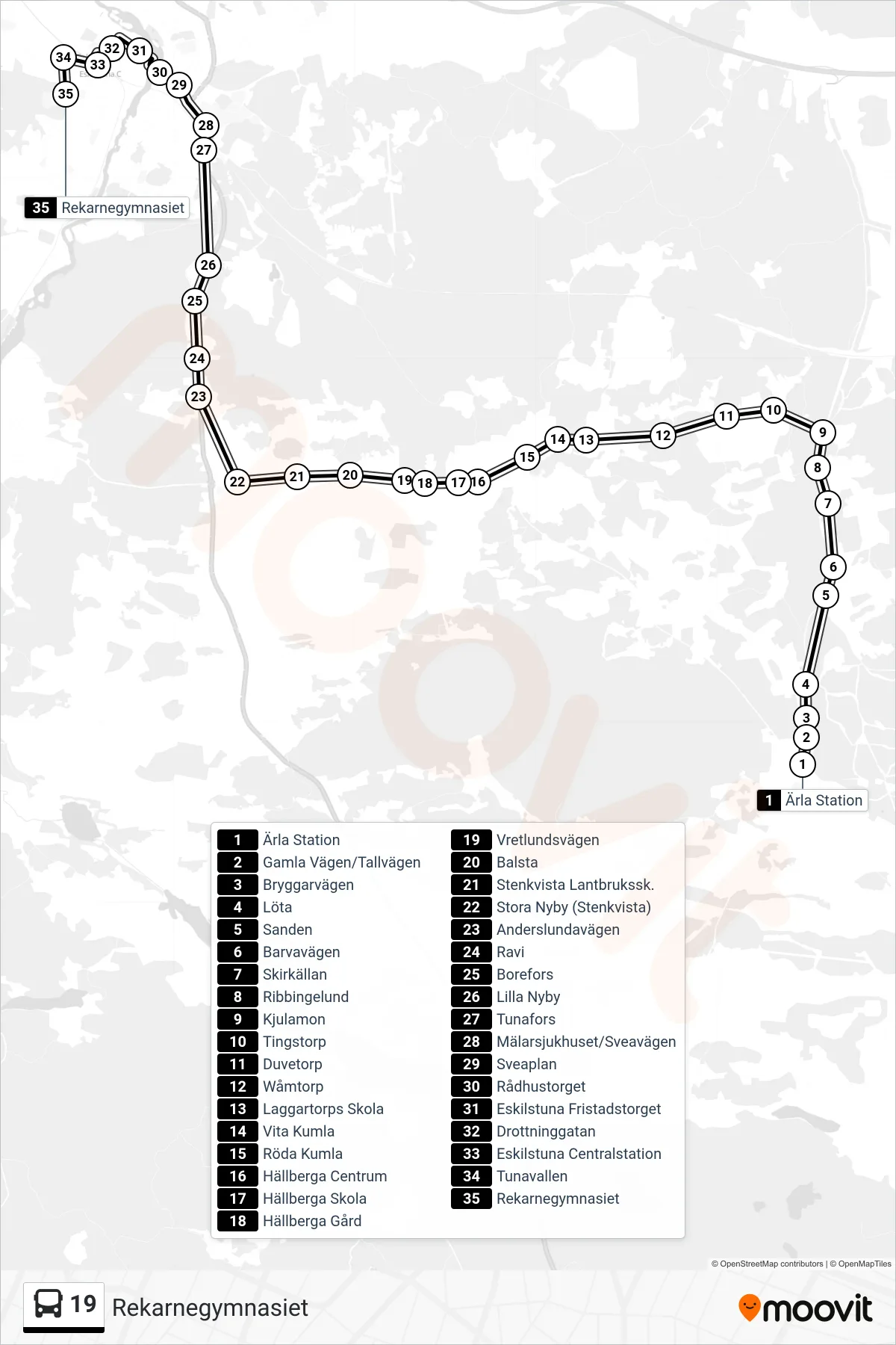 Rutt och hållplatser på karta för linje 19  spårvagn, (Rekarnegymnasiet)