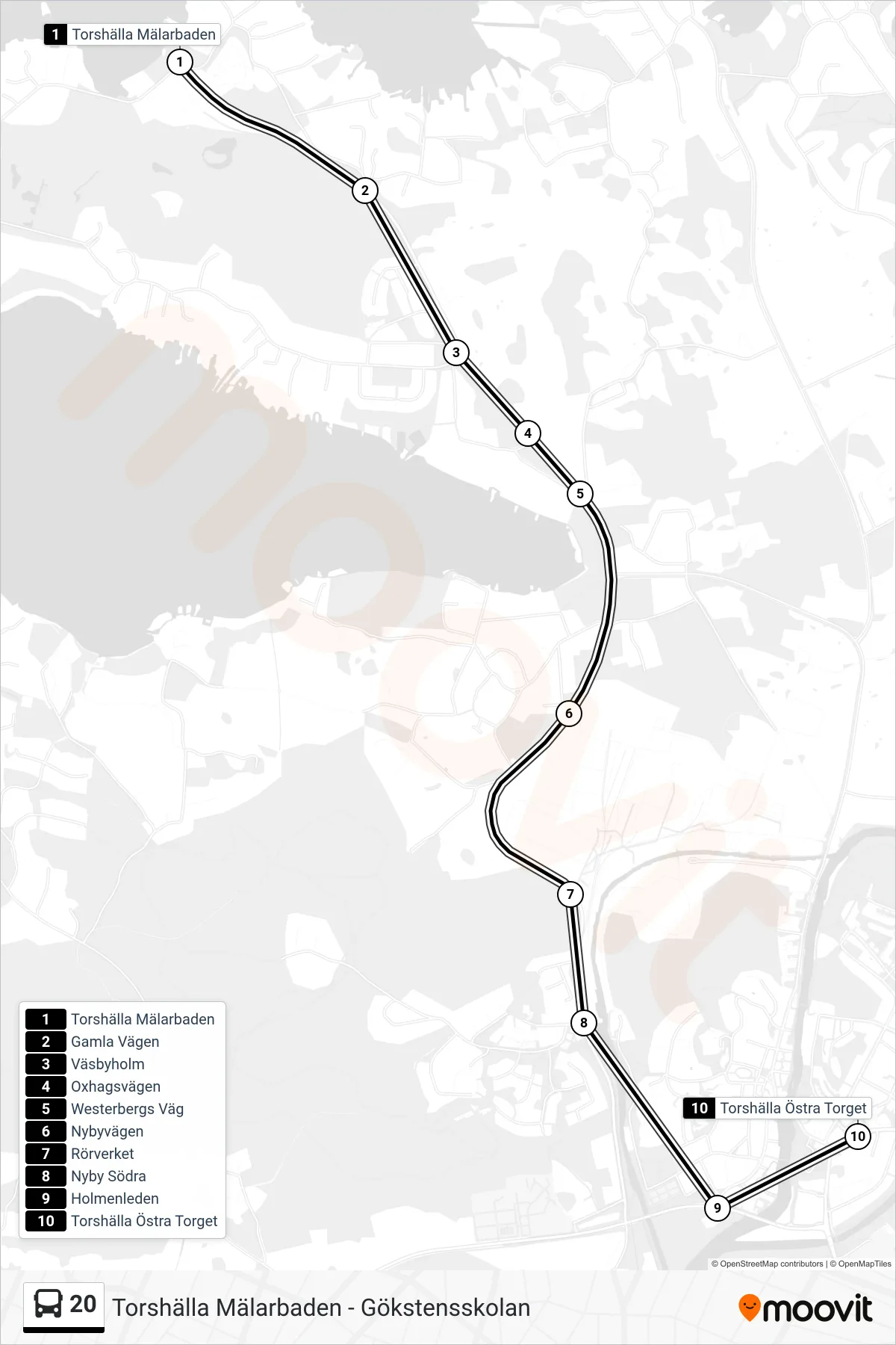 Rutt och hållplatser på karta för linje 20 spårvagn, (Torshälla Östra Torget)