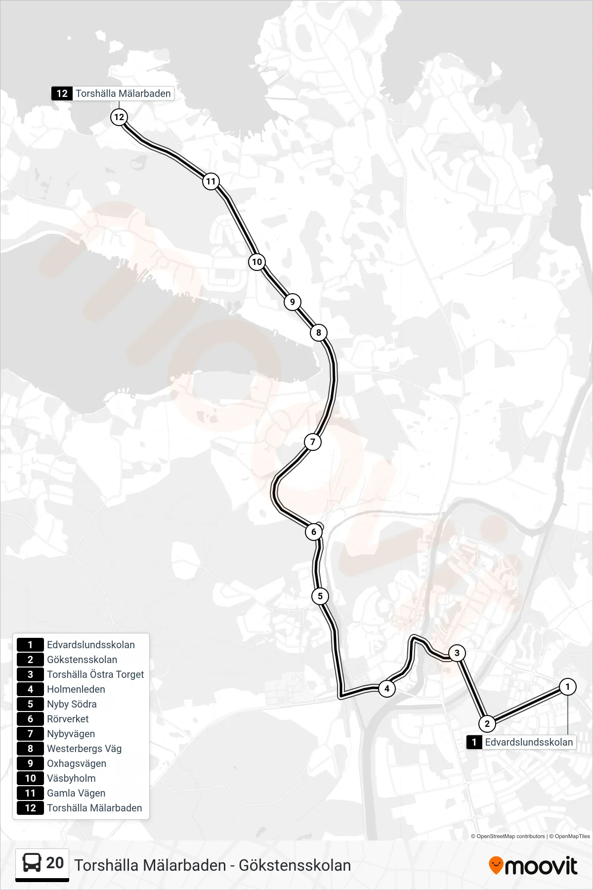 Rutt och hållplatser på karta för linje 20  spårvagn, (Torshälla Mälarbaden)