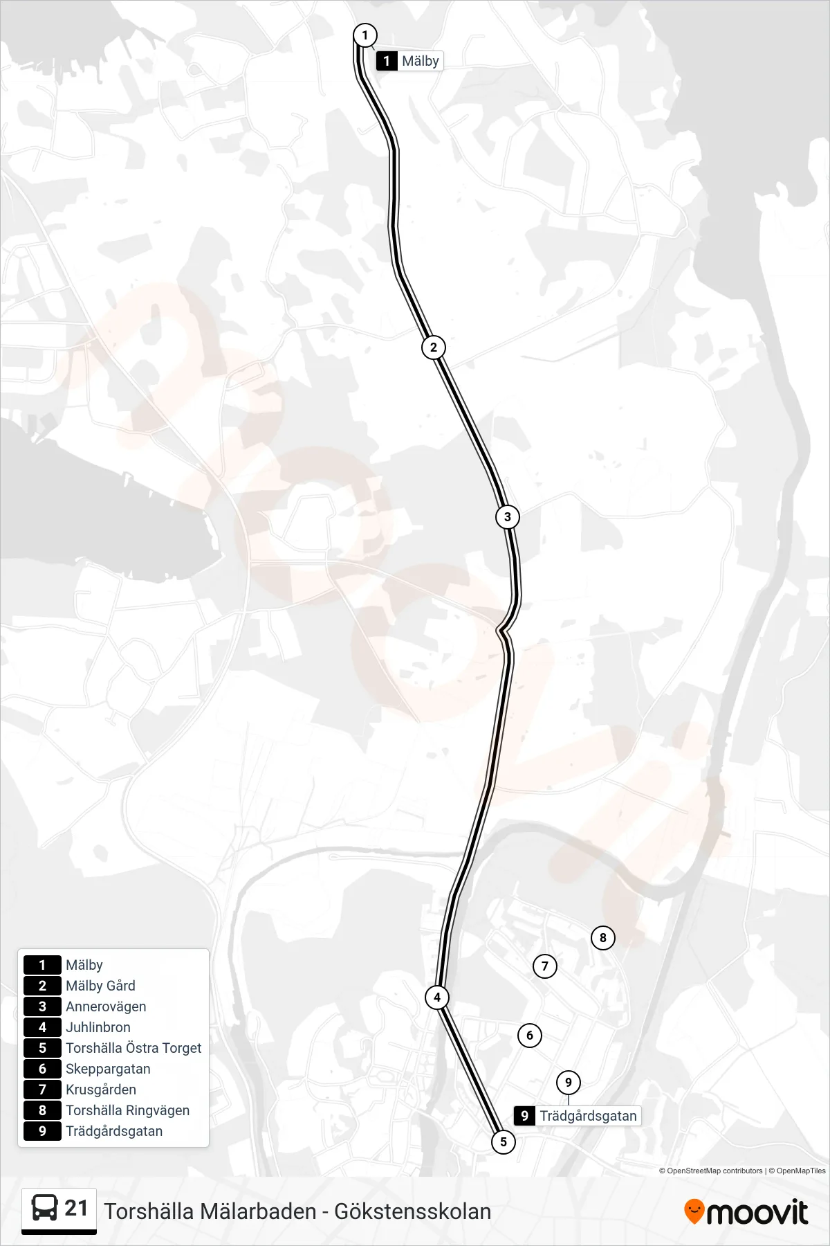 Rutt och hållplatser på karta för linje 21  spårvagn, (Torshälla Östra Torget)