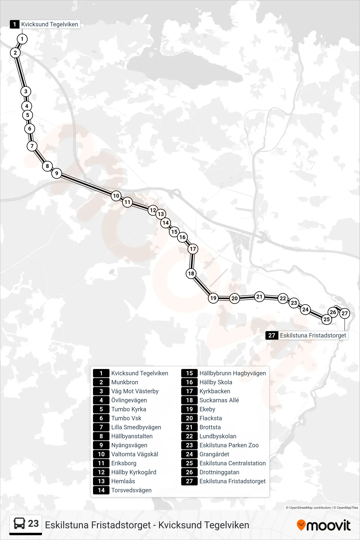 Rutt och hållplatser på karta för linje 23  spårvagn, (Eskilstuna Fristadstorget)