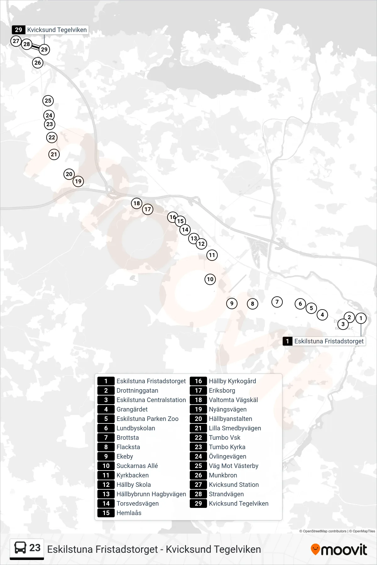 Rutt och hållplatser på karta för linje 23 spårvagn, (Kvicksund Tegelviken)