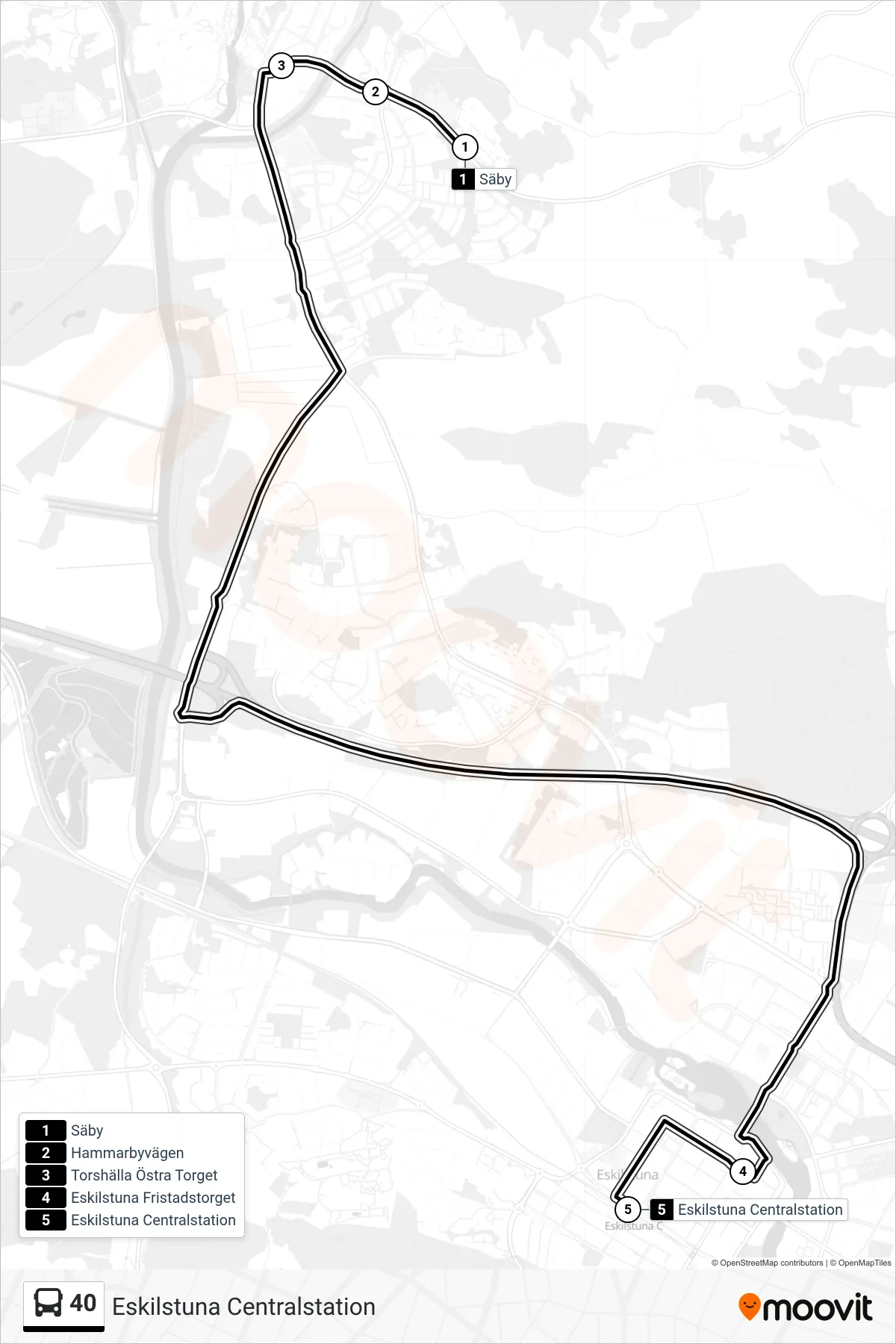 Rutt och hållplatser på karta för linje 40 spårvagn, (Eskilstuna Centralstation)