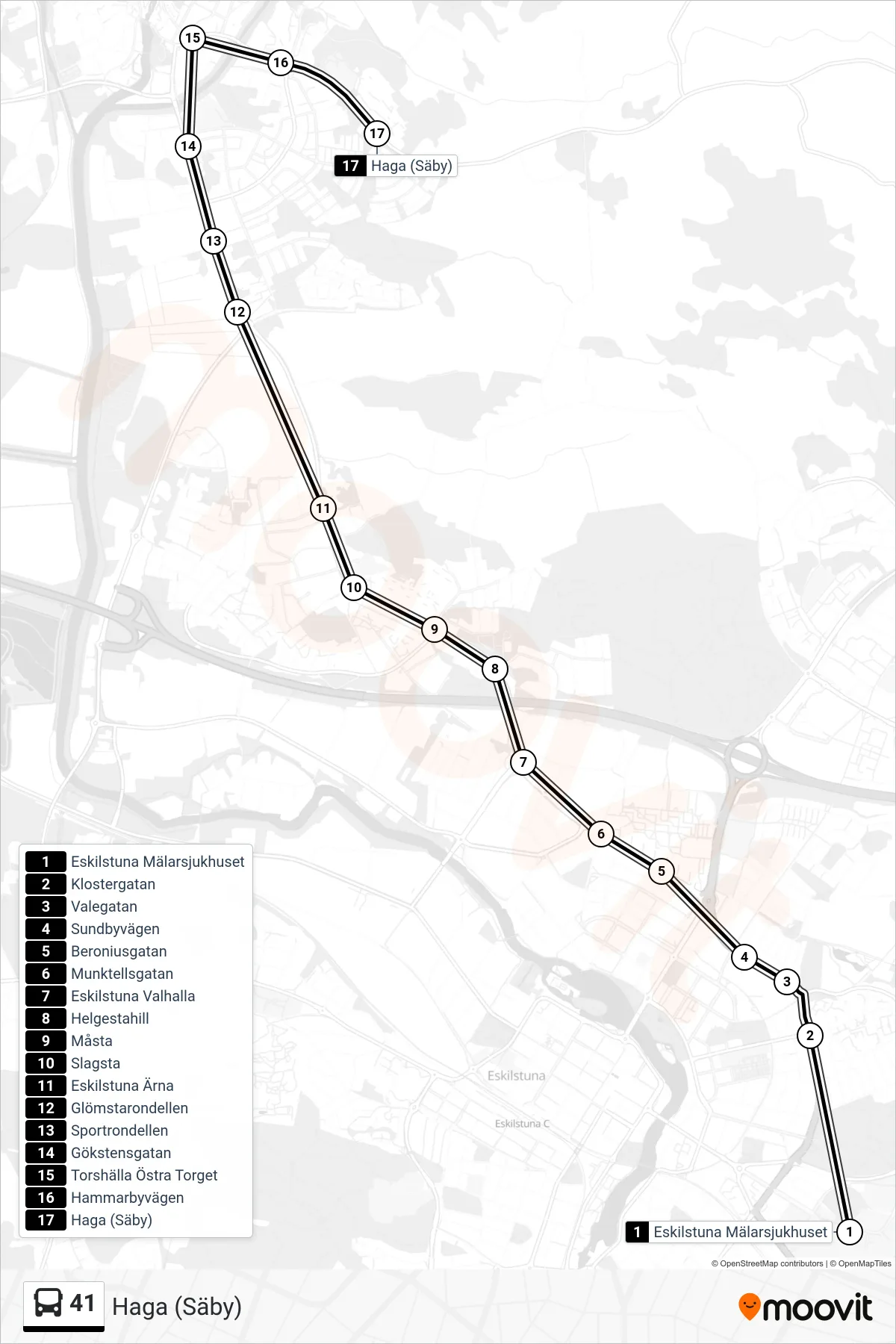 Rutt och hållplatser på karta för linje 41 spårvagn, (Haga (Säby))
