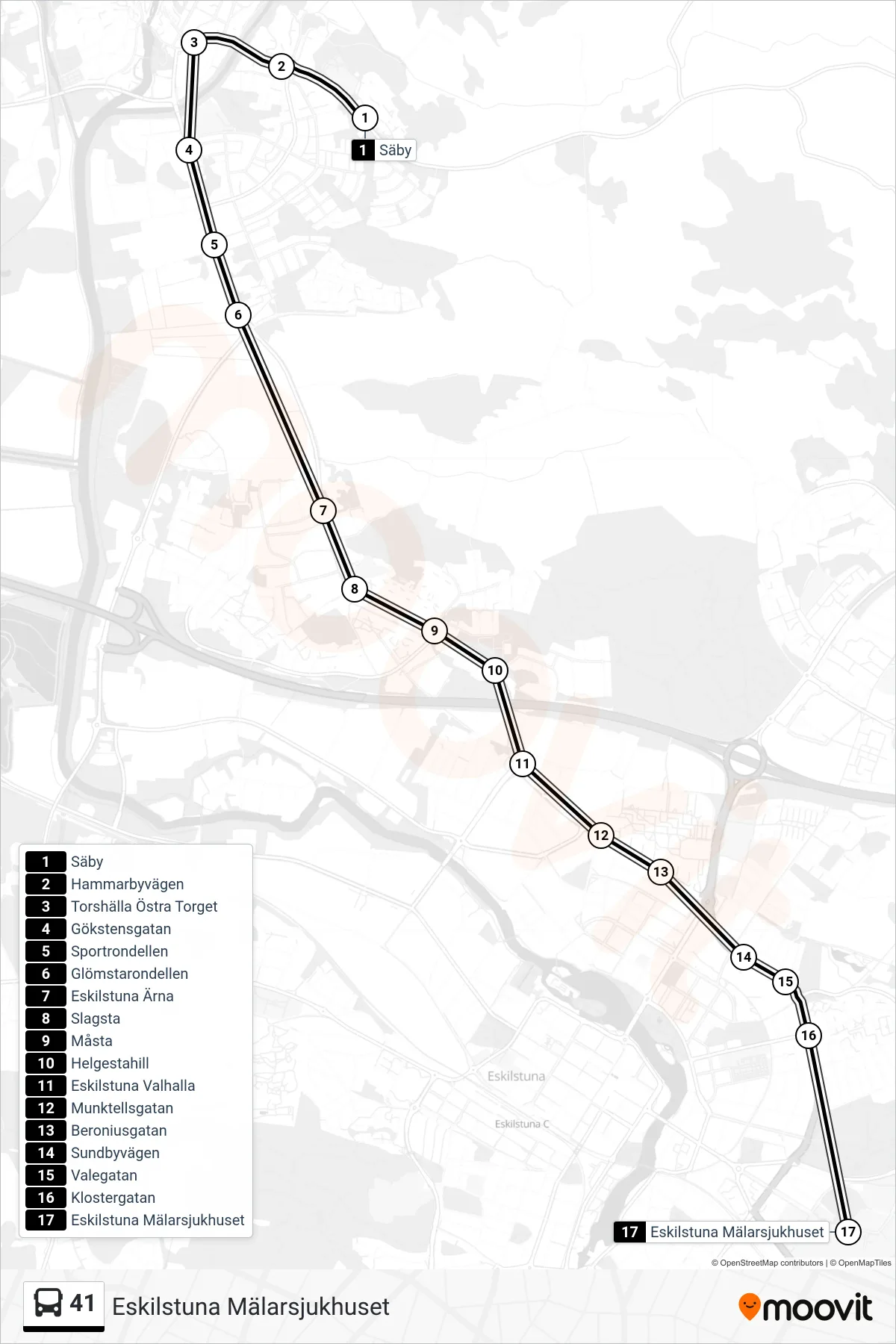 Rutt och hållplatser på karta för linje 41 spårvagn, (Eskilstuna Mälarsjukhuset)