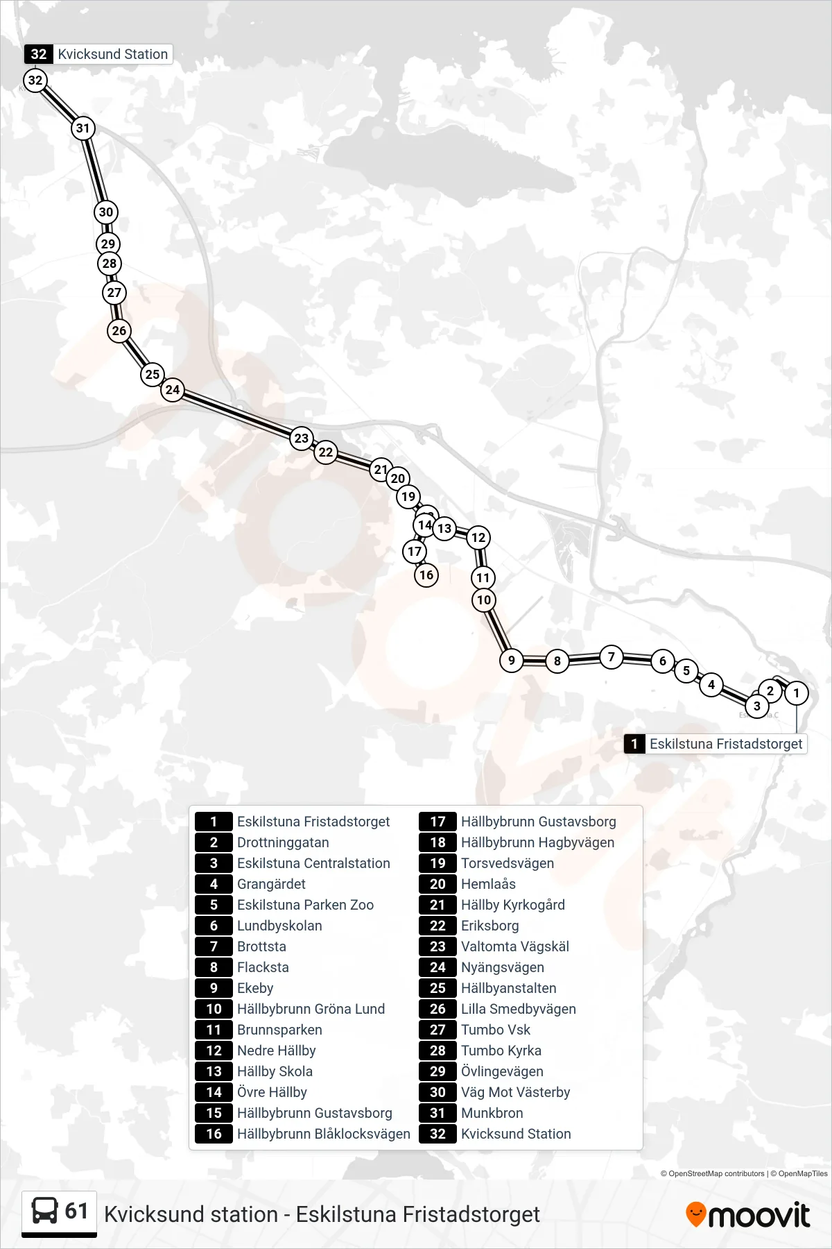 Rutt och hållplatser på karta för linje 61 spårvagn, (Kvicksund Station)