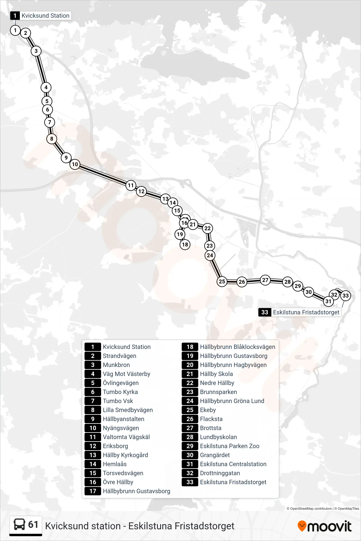 Rutt och hållplatser på karta för linje 61  spårvagn, (Eskilstuna Fristadstorget)